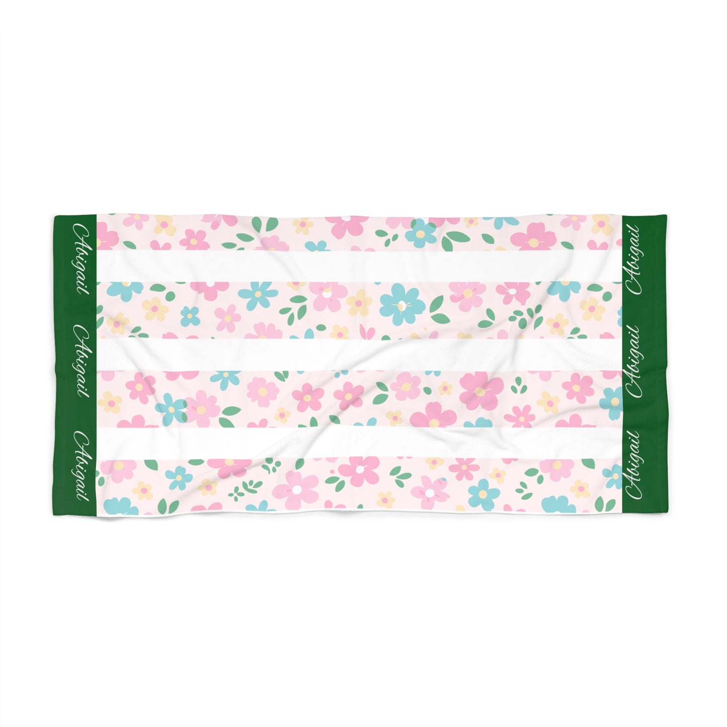 Floral Stripes Beach Towel – Pink & Mint Flowers with Green Trim