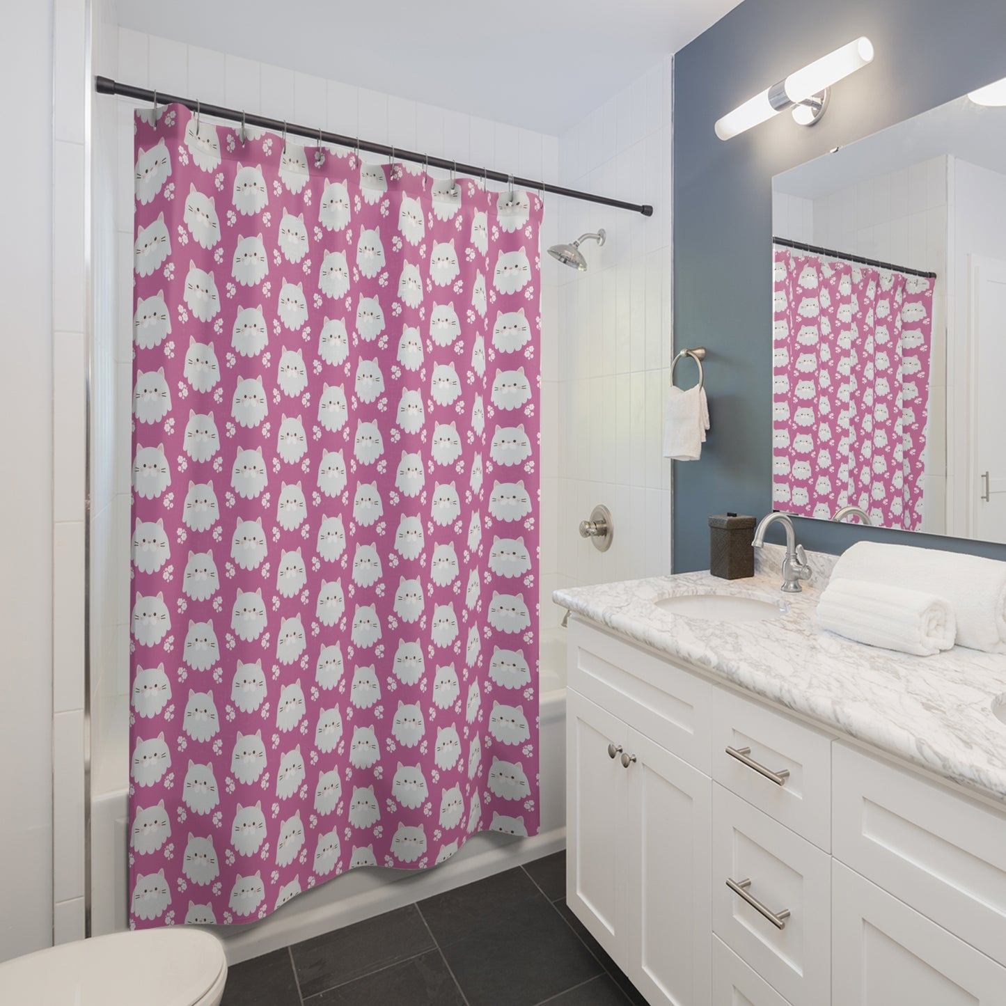 Cute White Kitty Pattern Shower Curtain — Pink Cat Paw Bathroom Decor