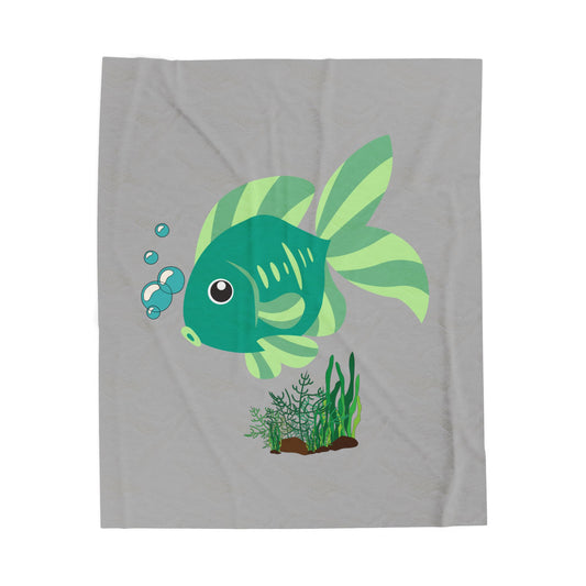 Green fish with bubbles and aquatic plants Velveteen Plush Blanket