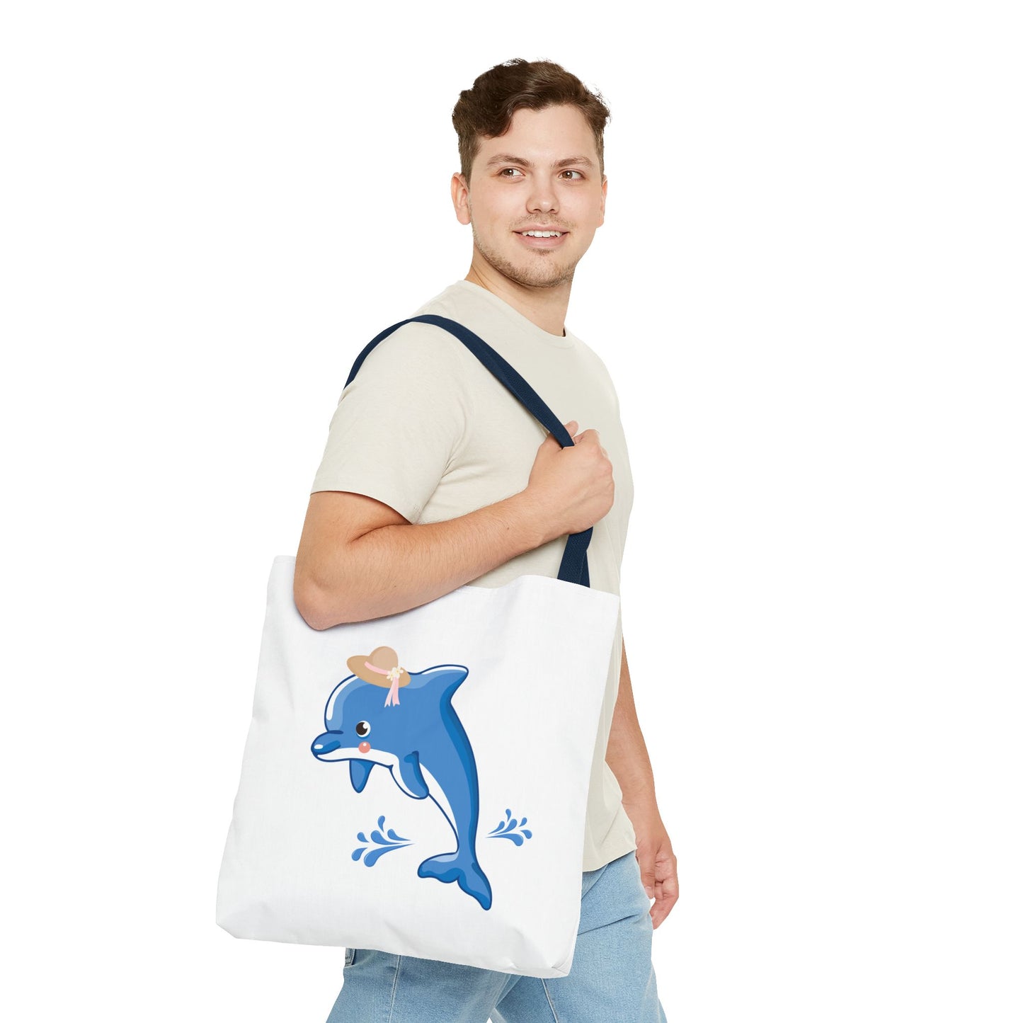 Dolphin wearing a straw hat with stylized water splashes Tote Bag