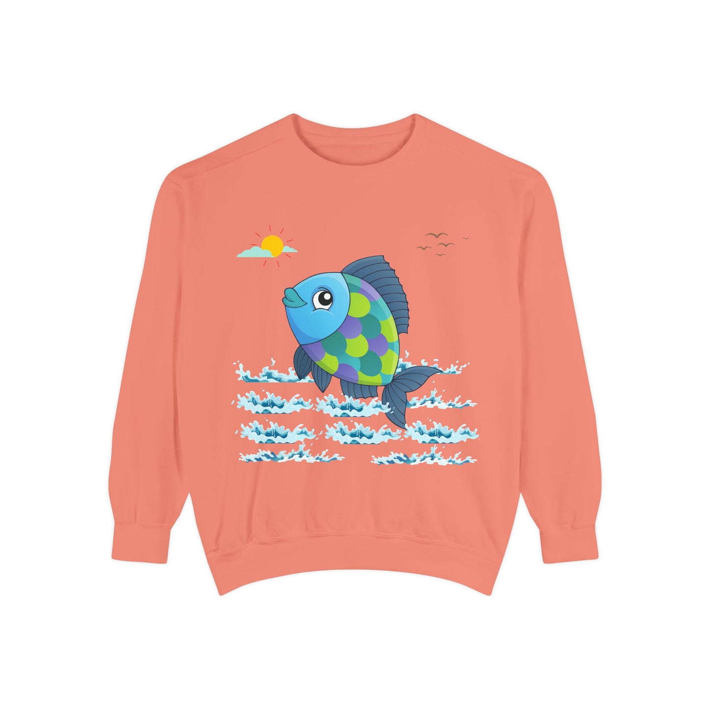 Fish with a sun and birds in the sky above water Unisex Garment-Dyed Sweatshirt