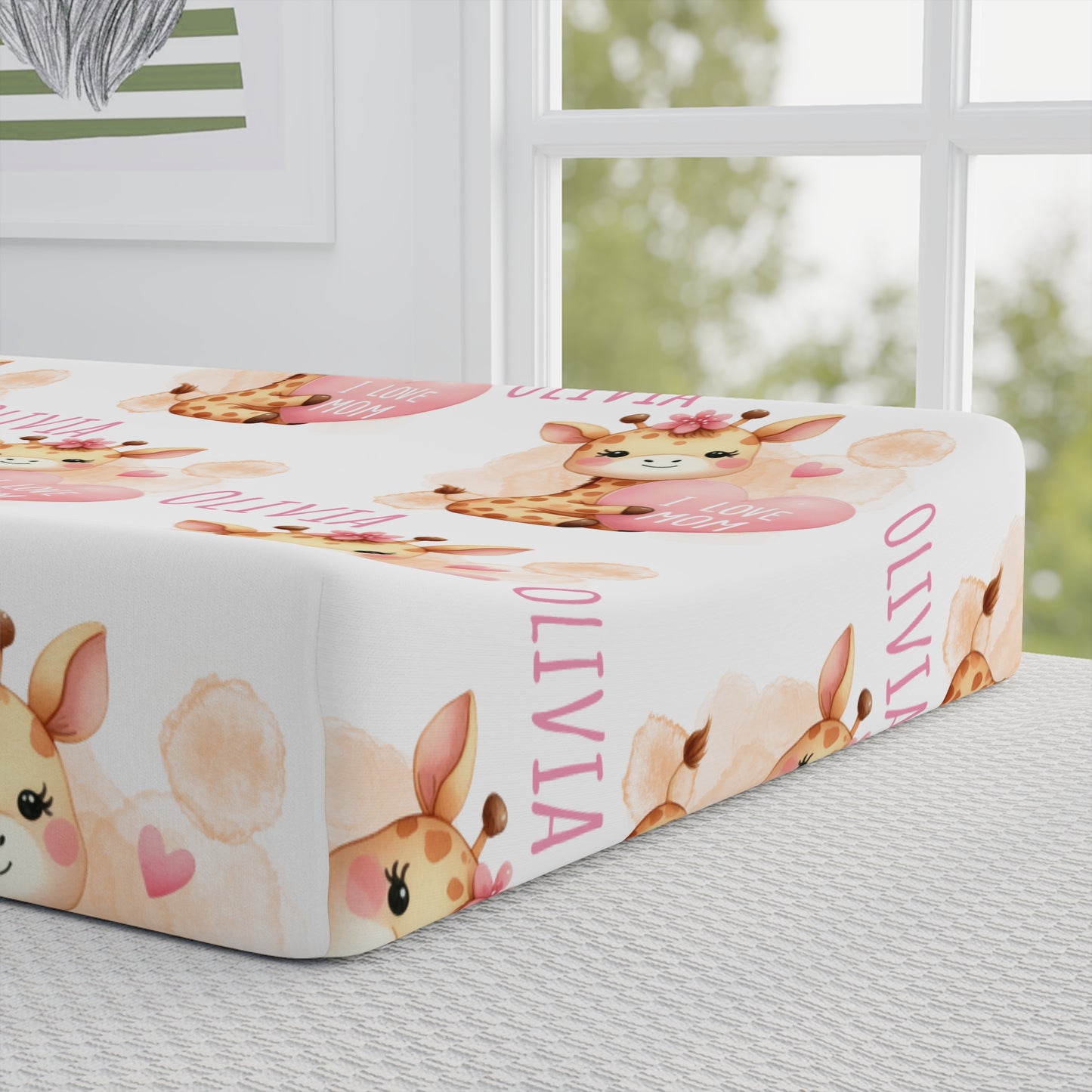 Giraffe Baby Changing Pad Cover – Personalized Pink Floral Nursery