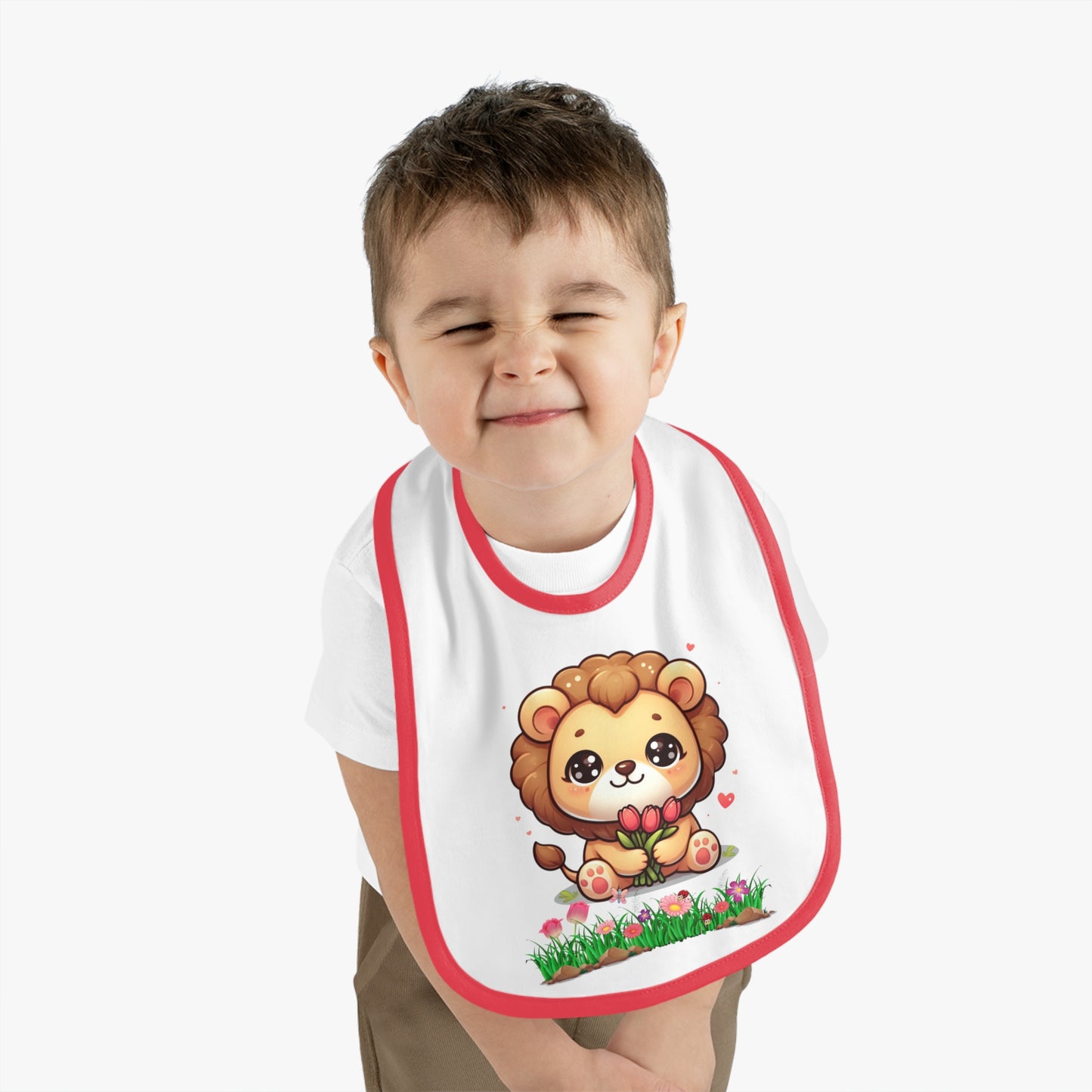 Baby Bib — Cute Lion Holding Flowers, Contrast Trim Infant Feeding Bib