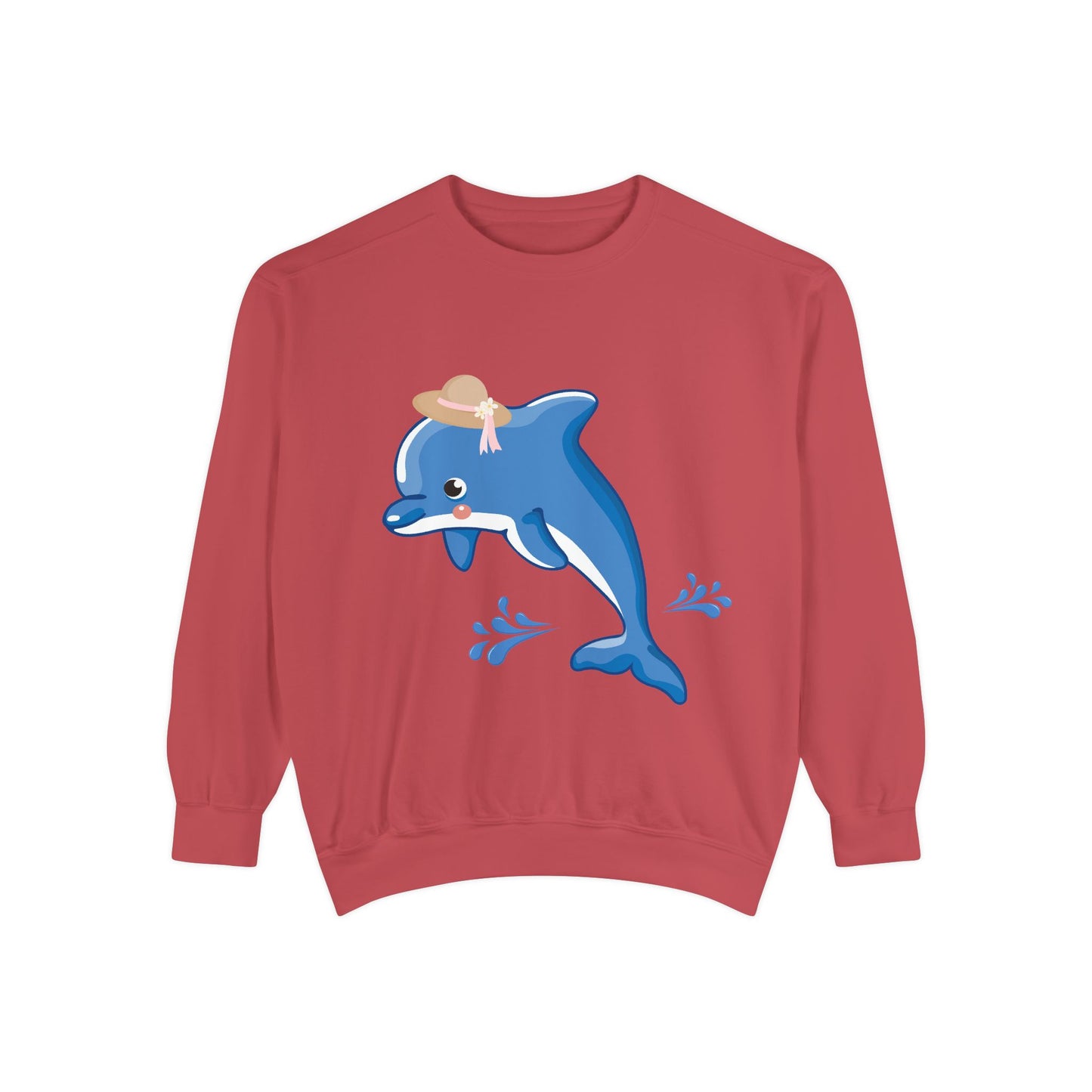 Dolphin wearing a straw hat with stylized water splashes Unisex Garment-Dyed Sweatshirt