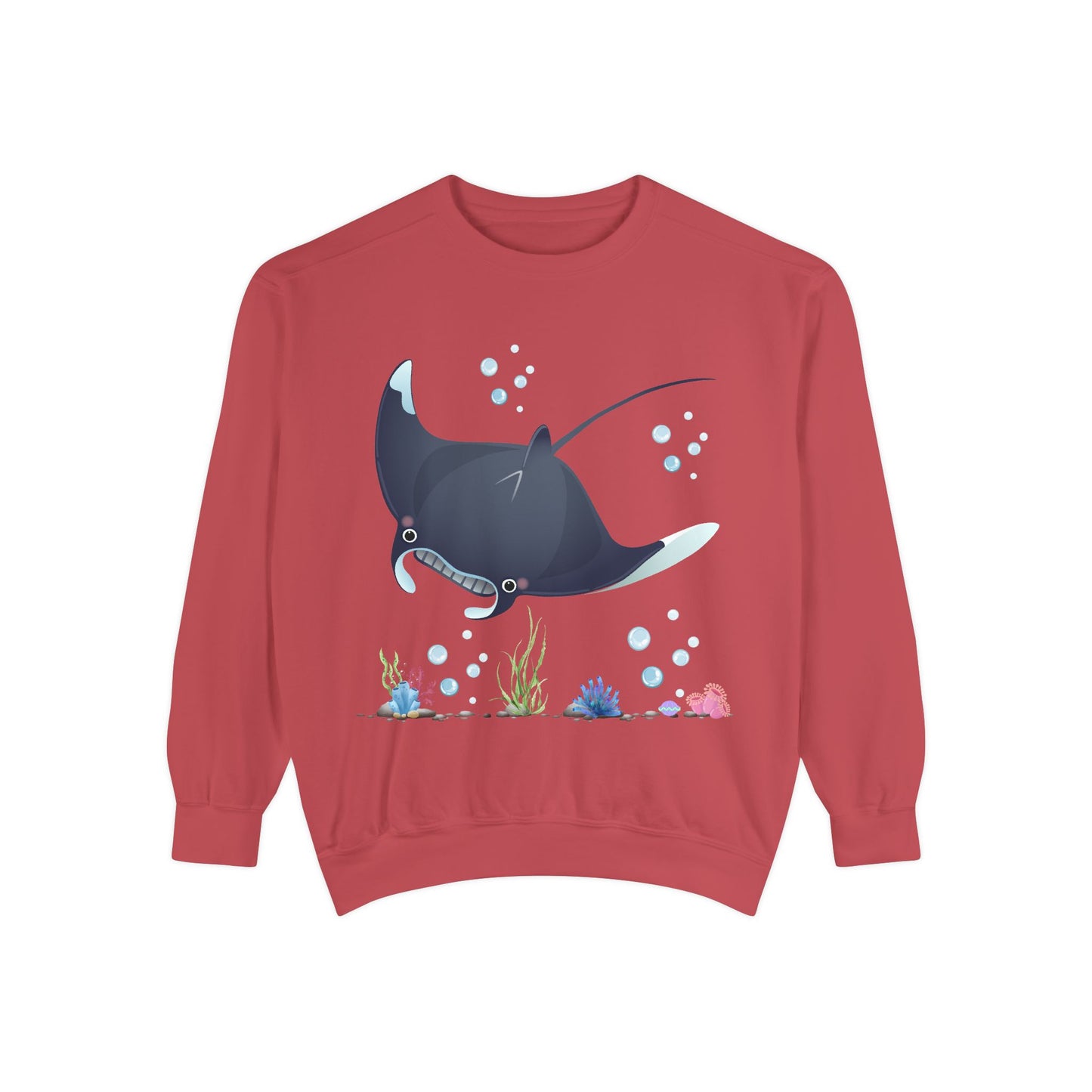 Manta ray with bubbles and coral reef Unisex Garment-Dyed Sweatshirt