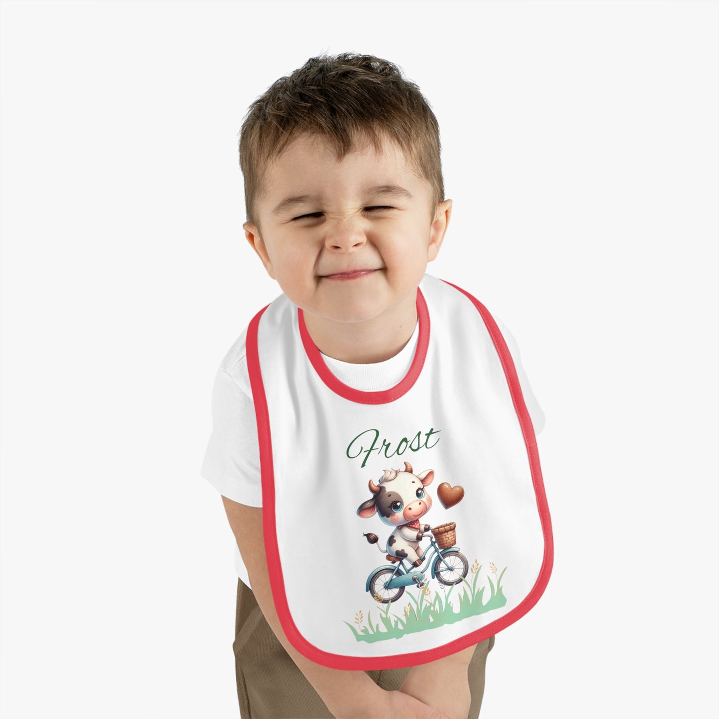 Personalized Baby Bib — Cute Cow on Bike Design with Name 'Frost'