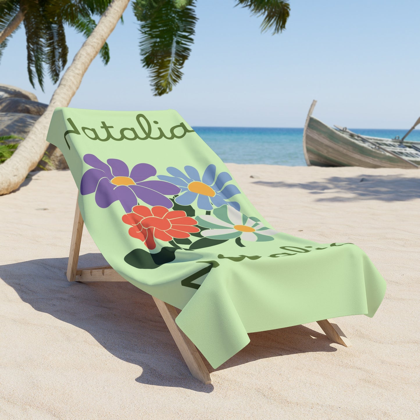Personalized Floral Beach Towel – Custom Name Natalia, Pastel Green Summer Towel