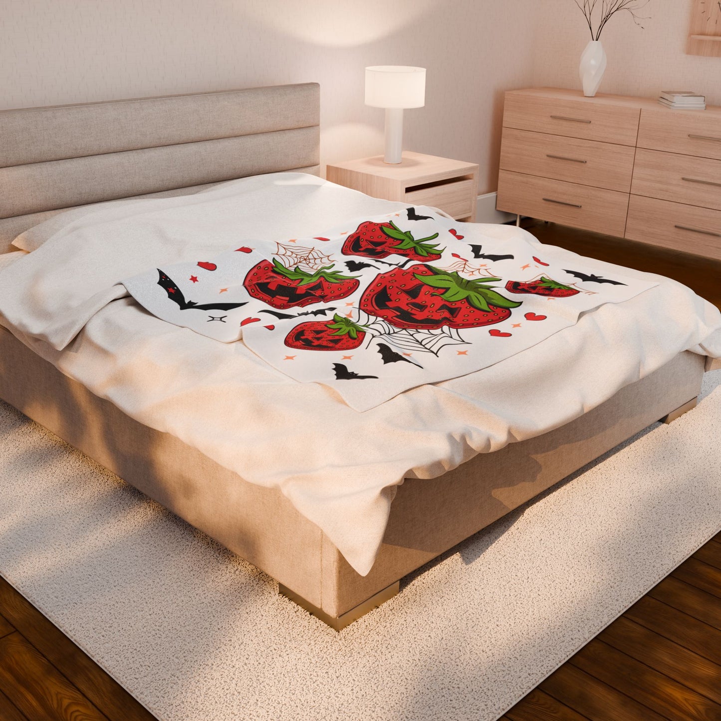 Halloween Strawberry Plush Blanket, Cozy Throw for Fall Decor, Cute Halloween Gift, Spooky Seasonal Blanket, Warm Home Accessory