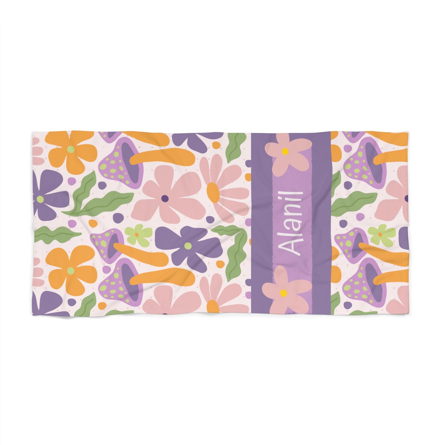 Personalized Floral Beach Towel — Custom Name Tropical Flower Pattern