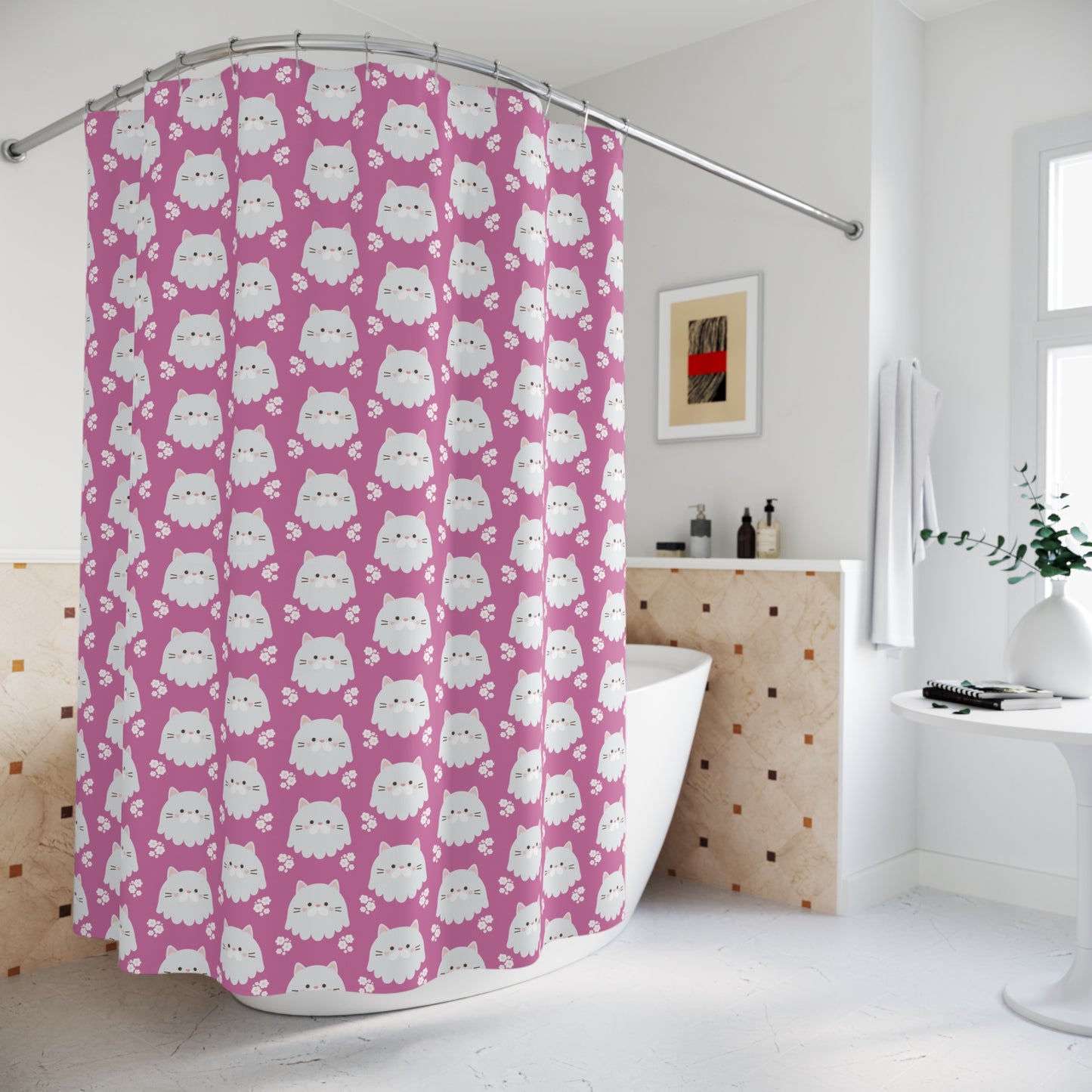Cute White Kitty Pattern Shower Curtain — Pink Cat Paw Bathroom Decor