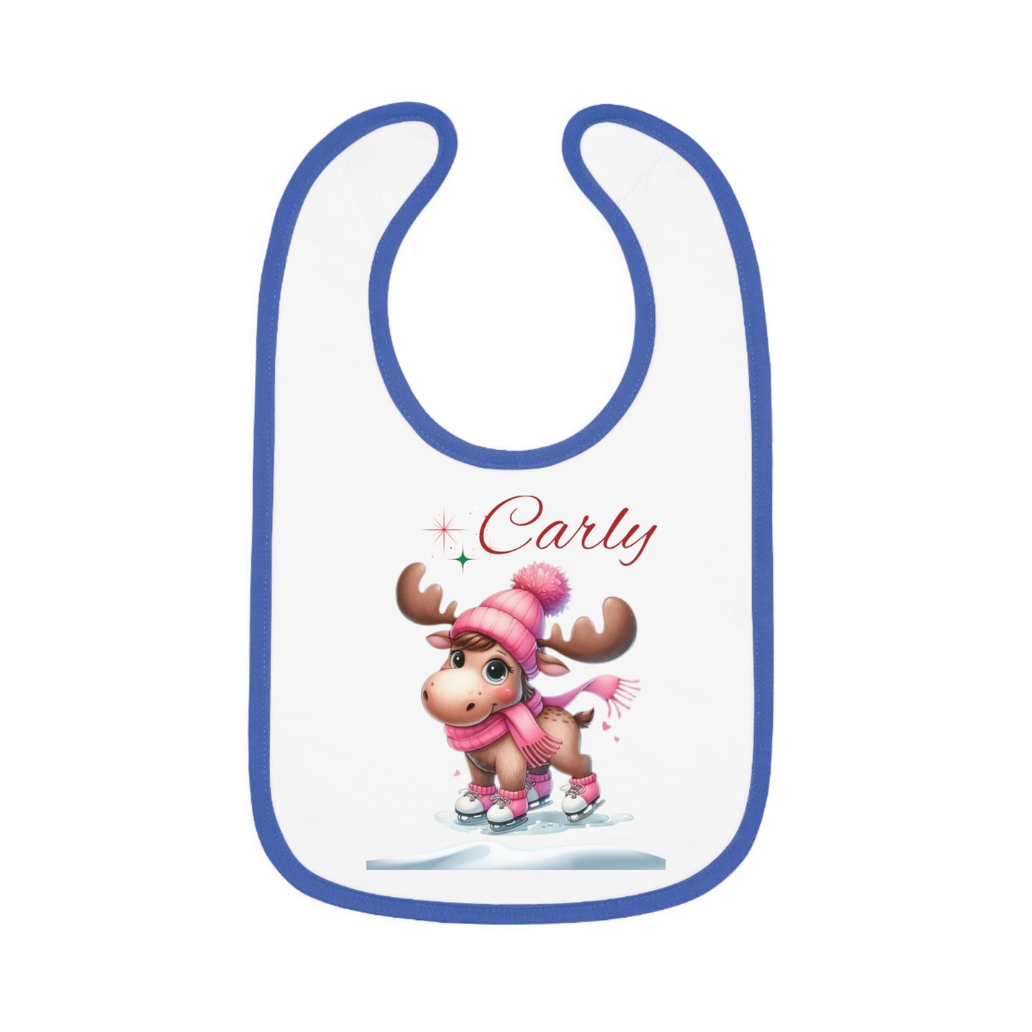 Personalized Baby Bib — Cute Ice Skating Moose with Name (Custom Carly)