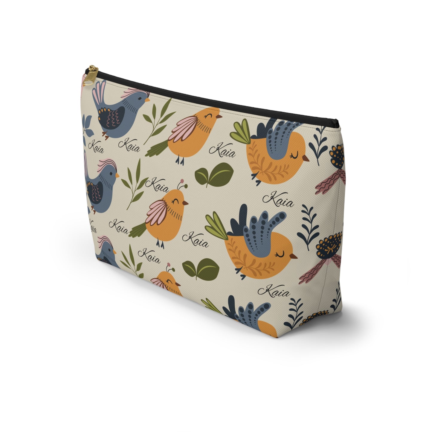 Bird Pattern Accessory Pouch — Personalized "Kaia" Cosmetic Bag