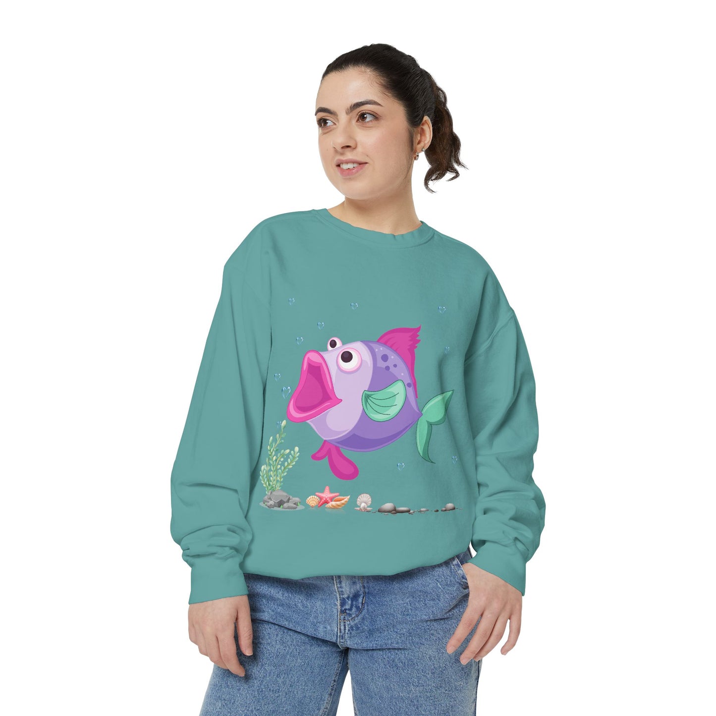 Fish with open mouth bubbles and underwater flora Unisex Garment-Dyed Sweatshirt