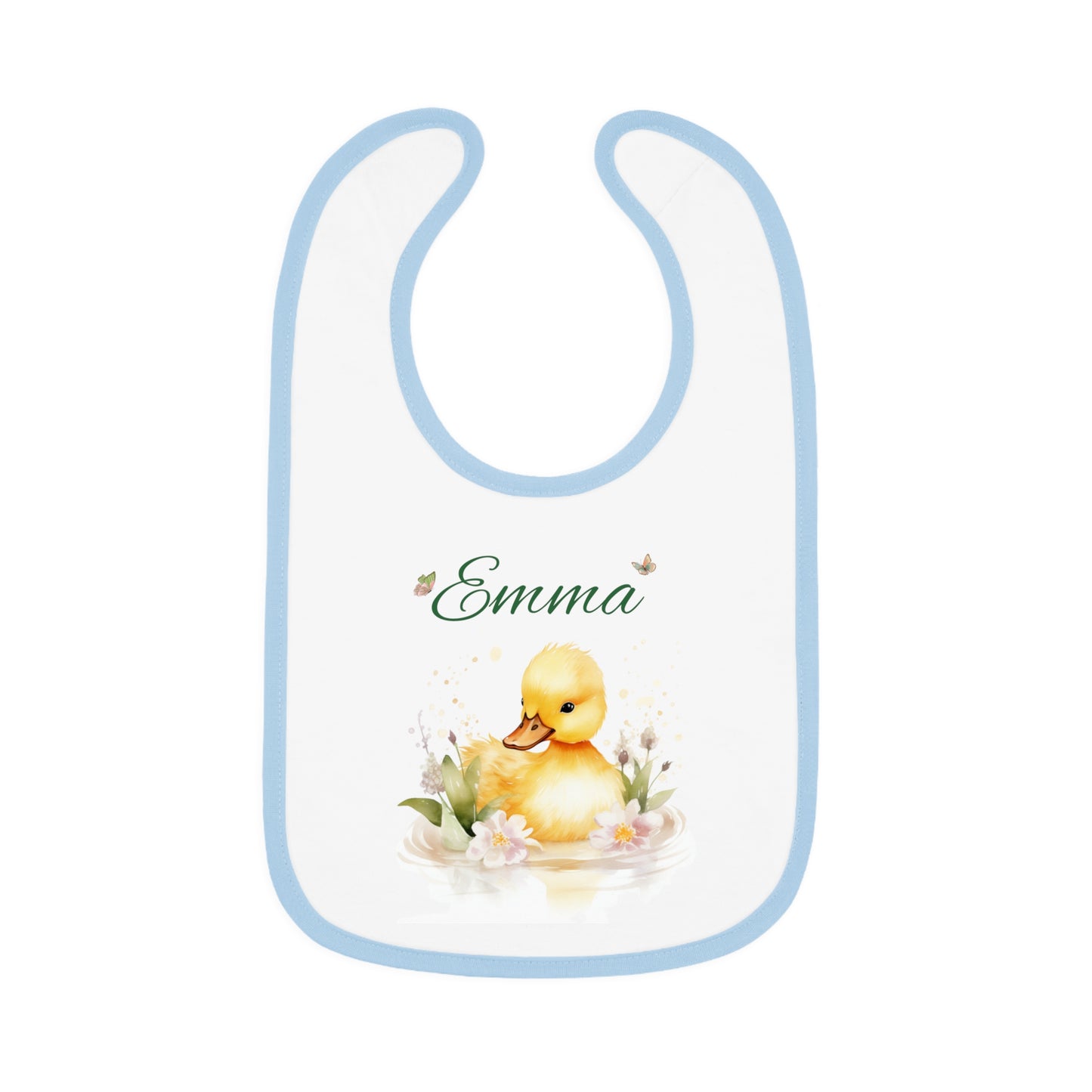 Personalized Duckling Baby Bib — Custom Name Infant Contrast Trim Feeding Bib