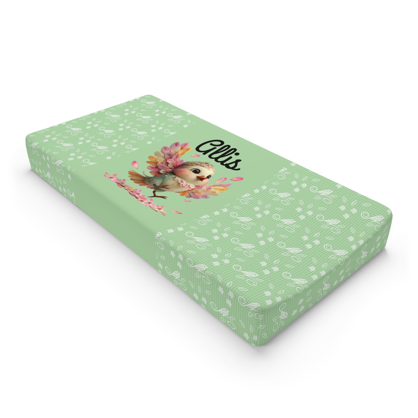 Personalized Baby Changing Pad Cover — Floral Bird Name Design (Customizable)