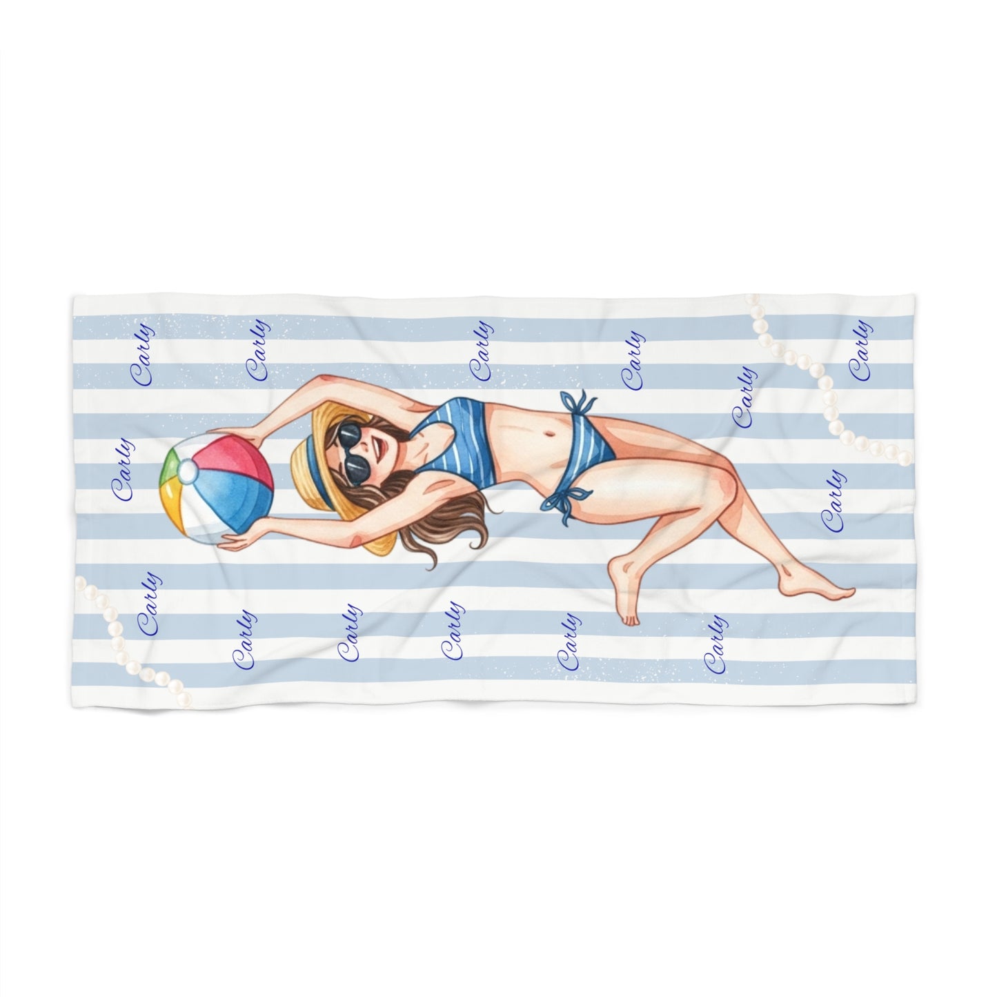 Cute Beach Girl Personalized Beach Towel — Custom Name Printed Striped Towel