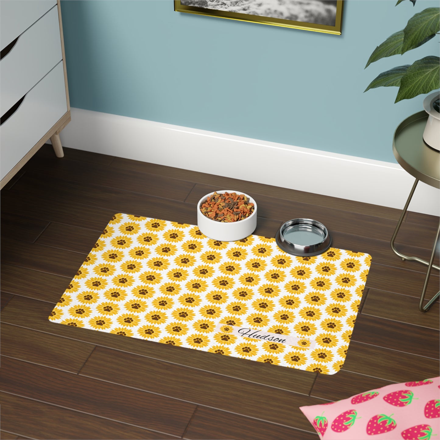 Personalized Sunflower Pet Food Mat (12x18) — Custom Name Dog & Cat Feeding Placemat, Non-Slip Waterproof