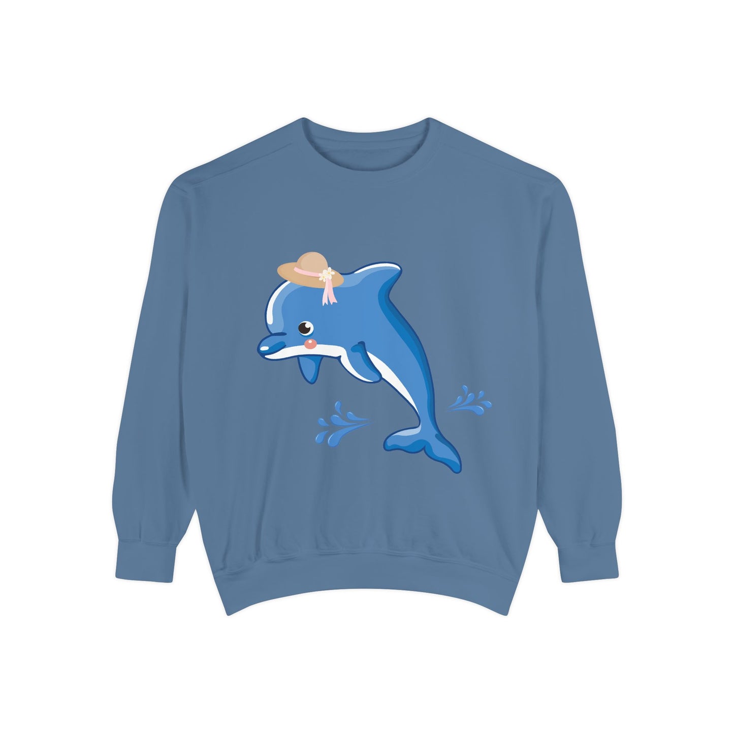 Dolphin wearing a straw hat with stylized water splashes Unisex Garment-Dyed Sweatshirt