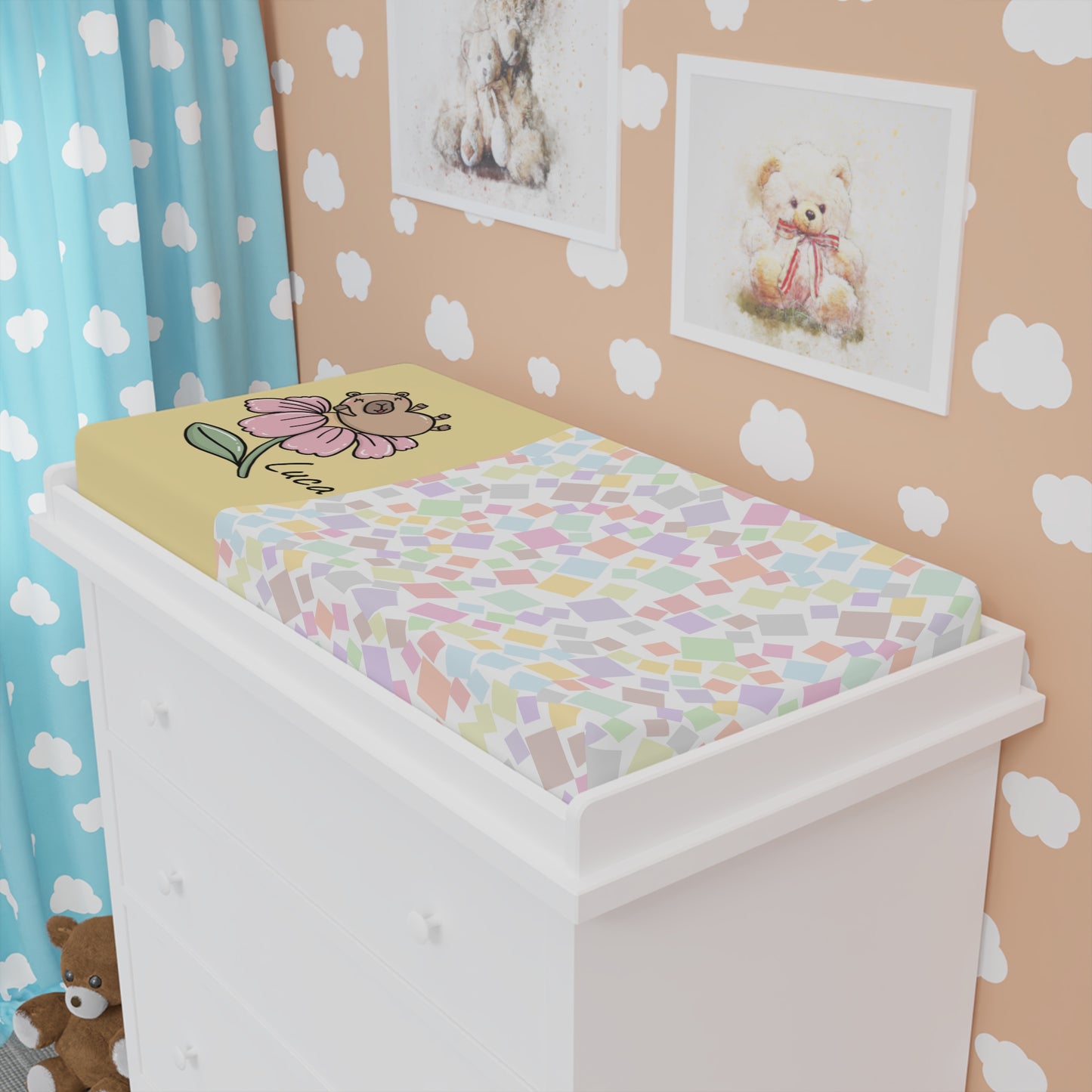 Changing Pad Cover — Pastel Confetti & Cute Flower Design (Personalize Name)