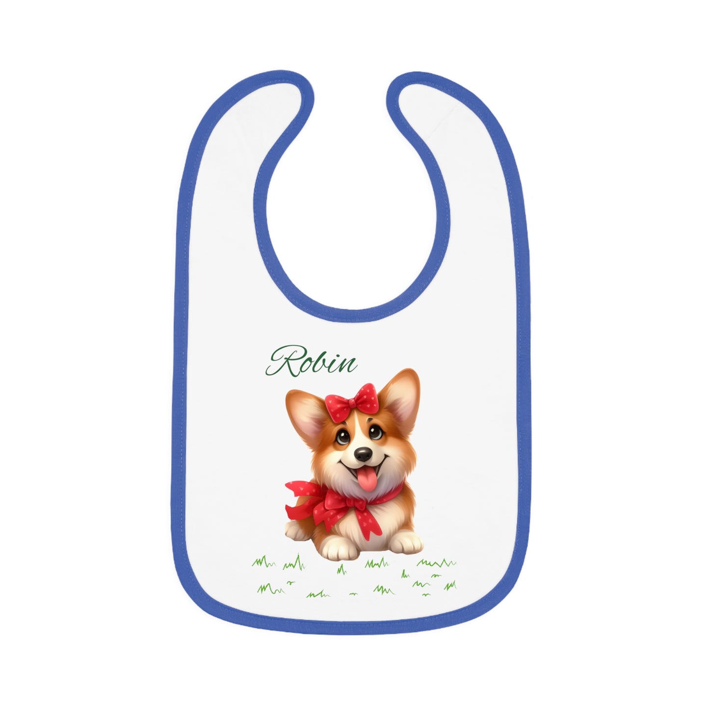 Personalized Corgi Baby Bib — Custom Name Contrast-Trim Jersey Bib