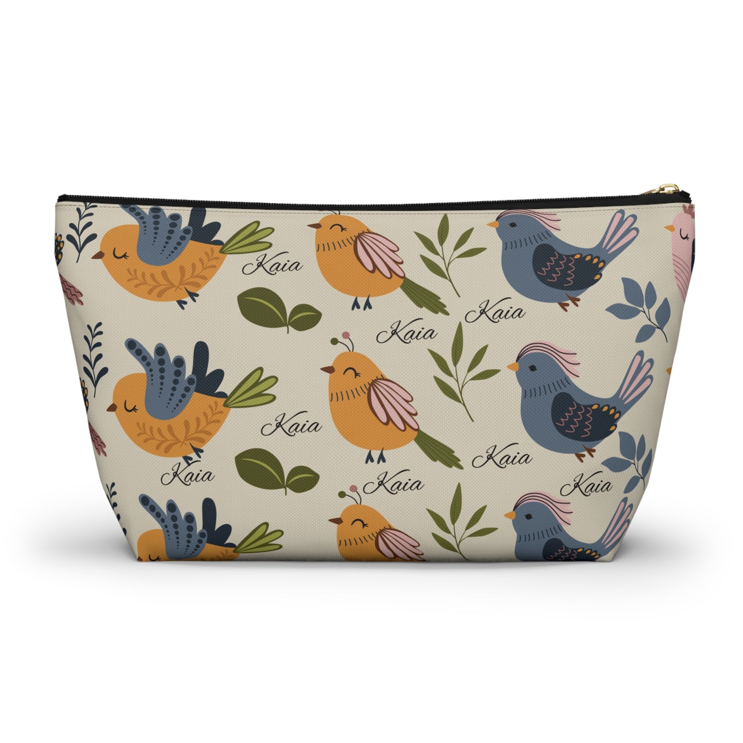 Bird Pattern Accessory Pouch — Personalized "Kaia" Cosmetic Bag