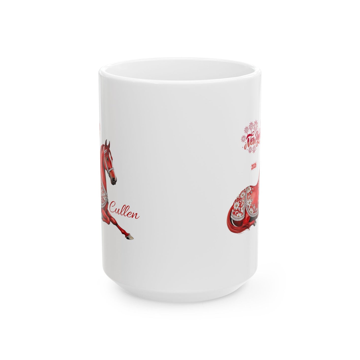 Personalized Red Horse Ceramic Mug — Floral Horse Illustration, Custom Name Option (11oz & 15oz)