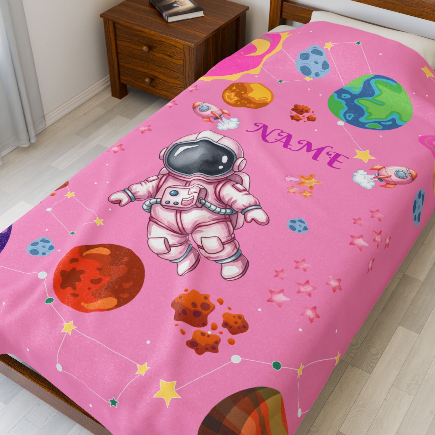 Cozy Astronaut Velveteen Blanket for Kids, Personalized Space Rocket Throw for Nursery, Gifts for Birthdays, Baby Showers, and Holidays