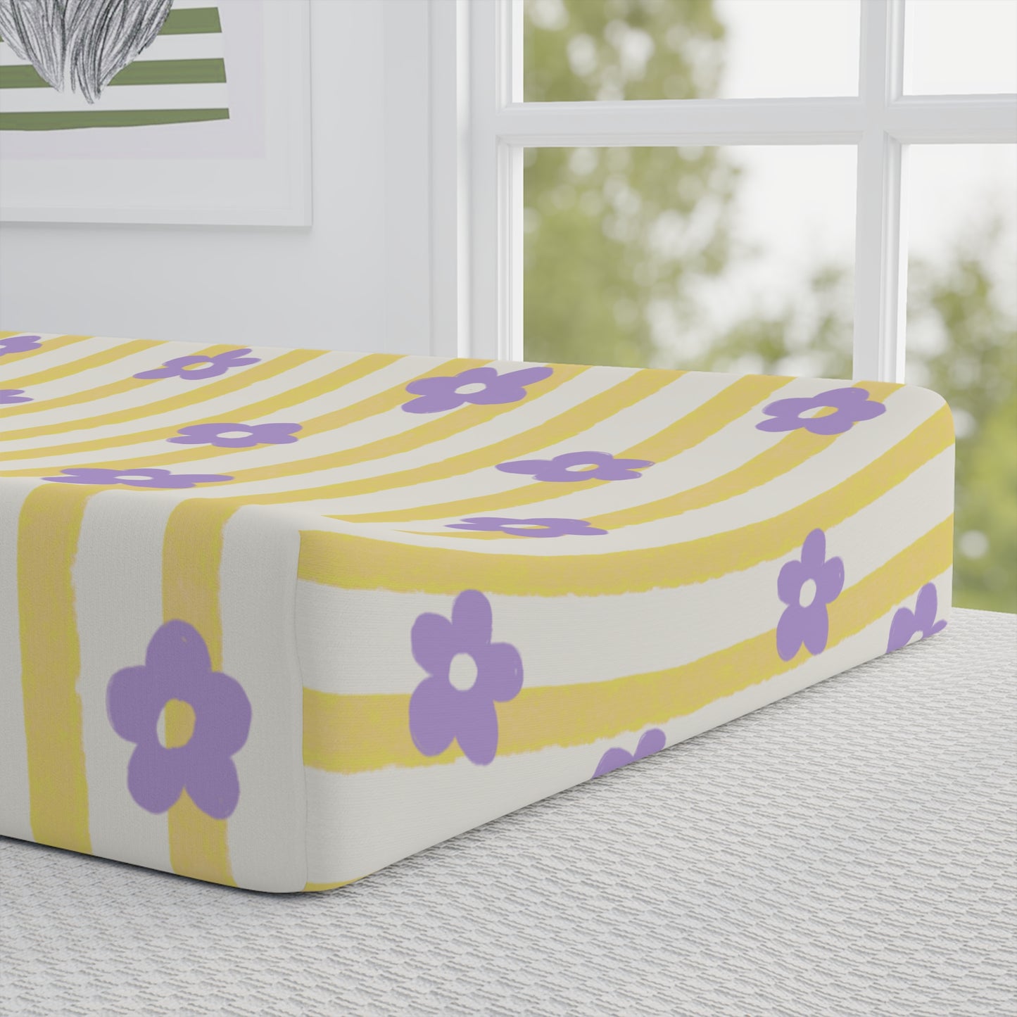 Changing Pad Cover — Yellow Stripe & Purple Floral with Tropical Leaves (Personalizable)