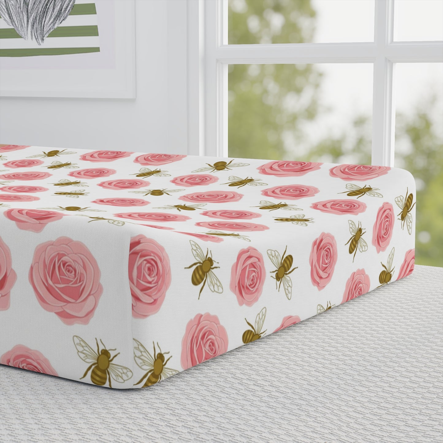 Baby Changing Pad Cover - Floral Rose & Cute Bee Nursery Bedding