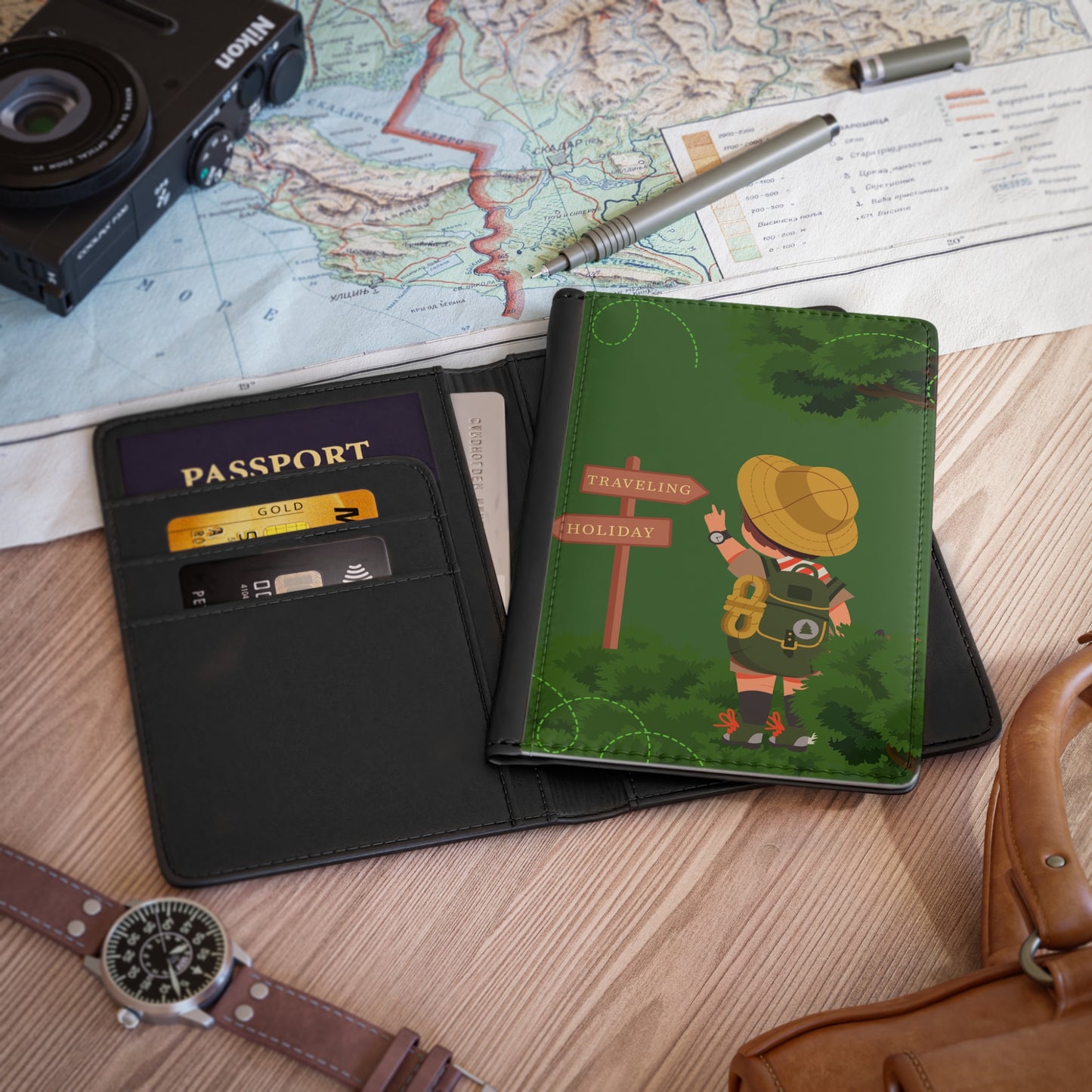 Passport Cover - Cute Scout Traveler Design with “Traveling Holiday” Sign, Kids Adventure Passport Holder