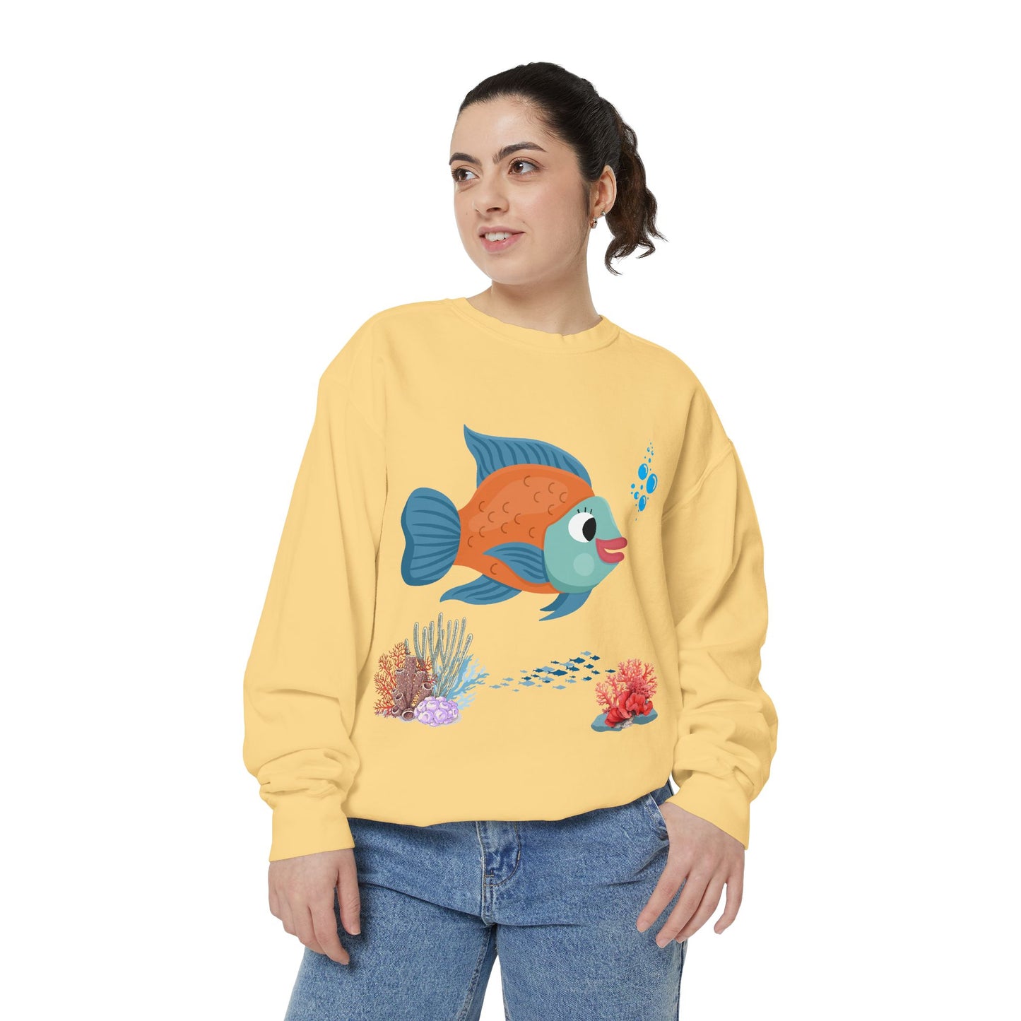 Orange and blue fish with coral and bubble Unisex Garment-Dyed Sweatshirt