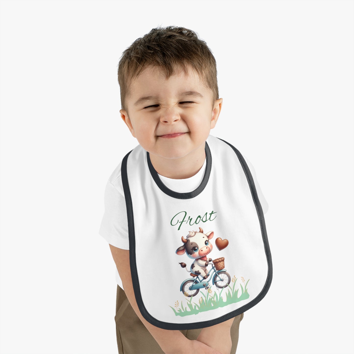 Personalized Baby Bib — Cute Cow on Bike Design with Name 'Frost'