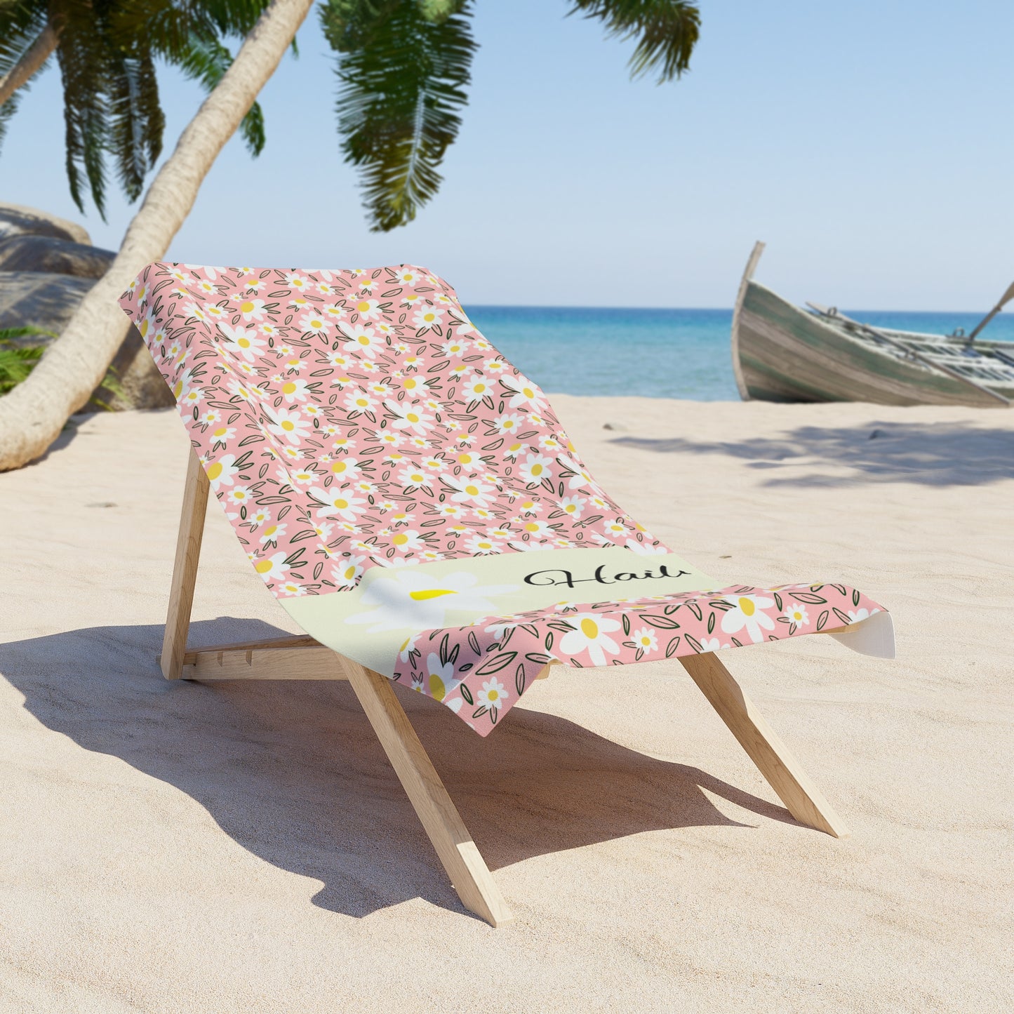 Personalized Daisy Floral Beach Towel — Custom Name Pink Summer Towel