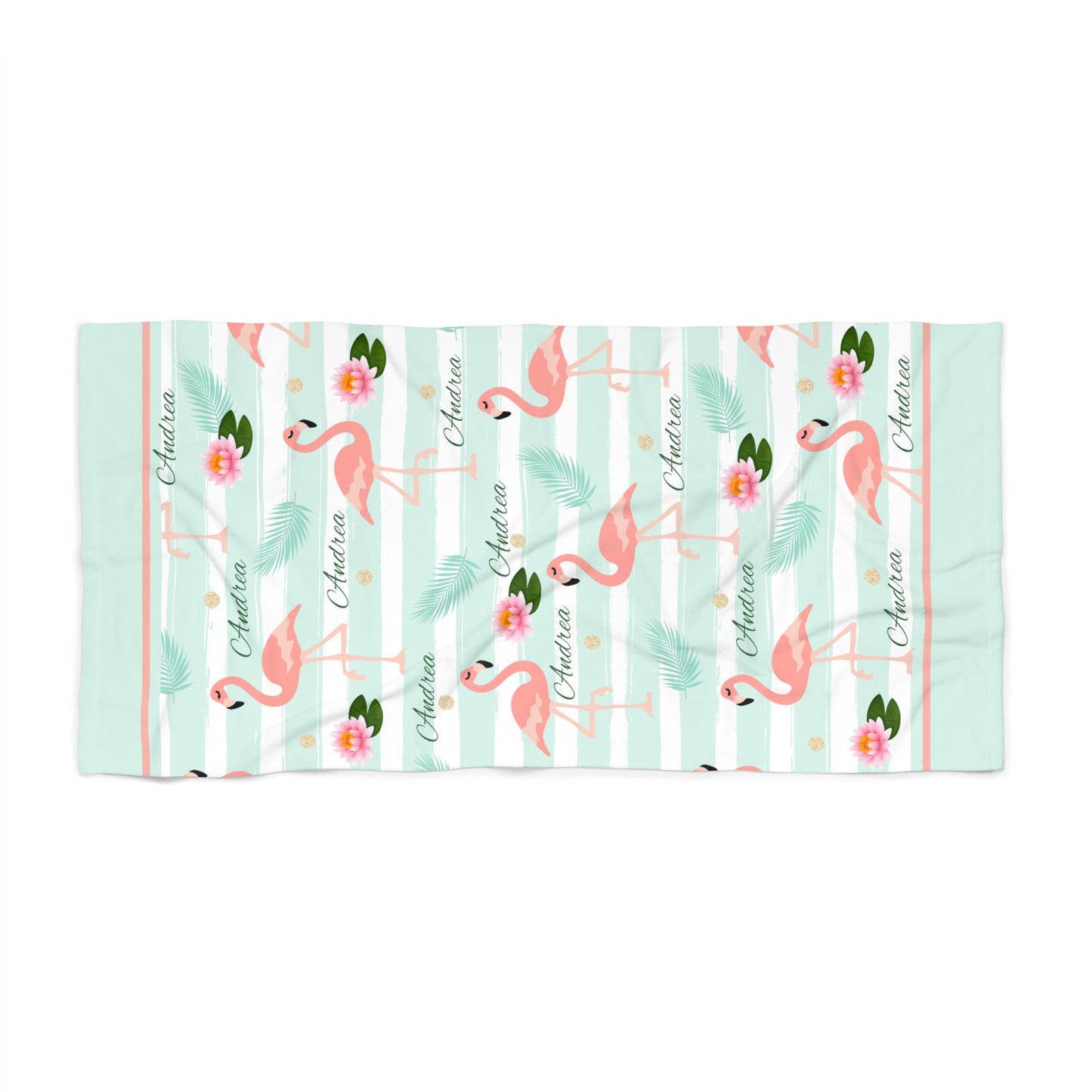 Personalized Flamingo Beach Towel — Mint Stripes, Tropical Flowers