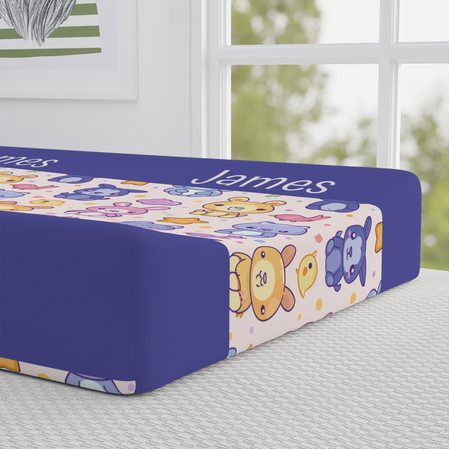 Personalized Baby Changing Pad Cover — Cute Animal Pattern with Name (James)