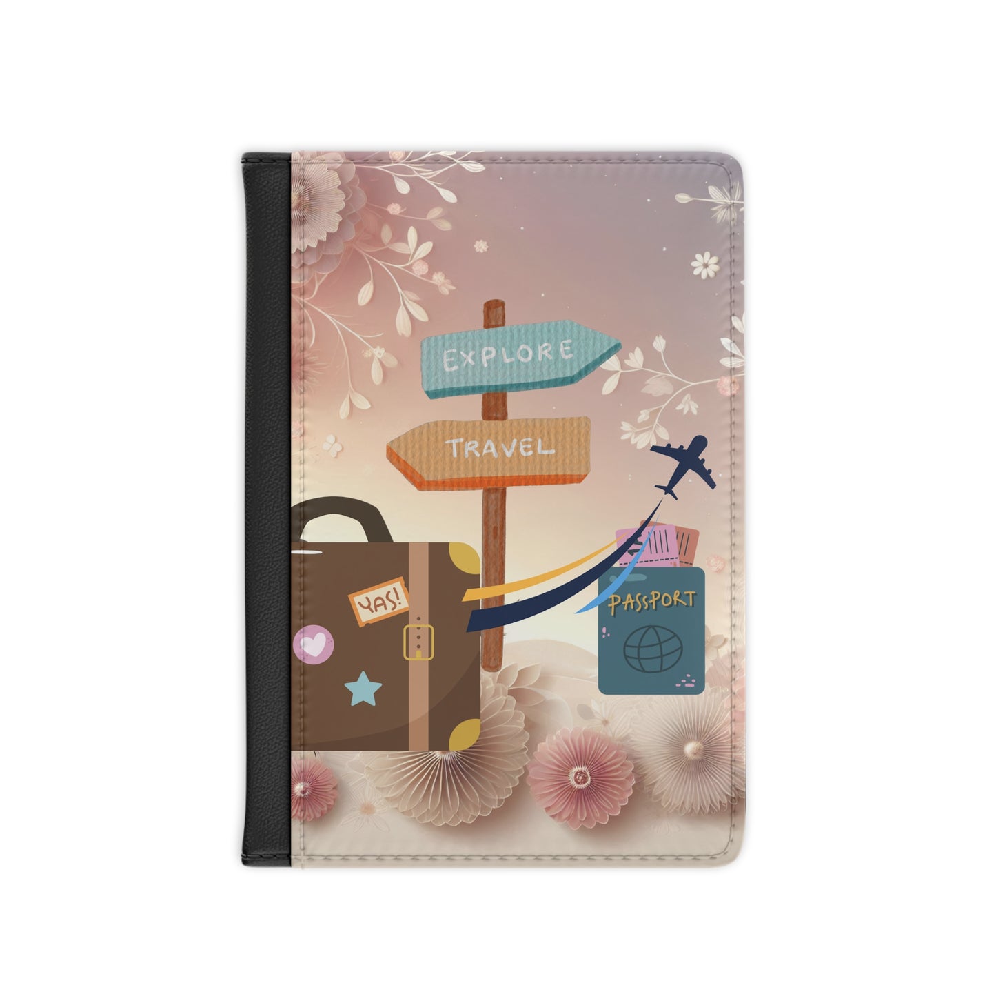 Passport Cover — 'Explore Travel' Floral Travel Wallet, Cute Luggage & Airplane Passport Holder