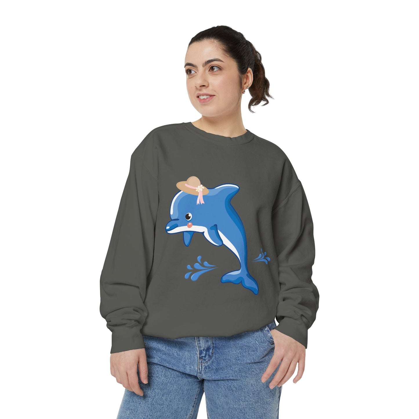 Dolphin wearing a straw hat with stylized water splashes Unisex Garment-Dyed Sweatshirt