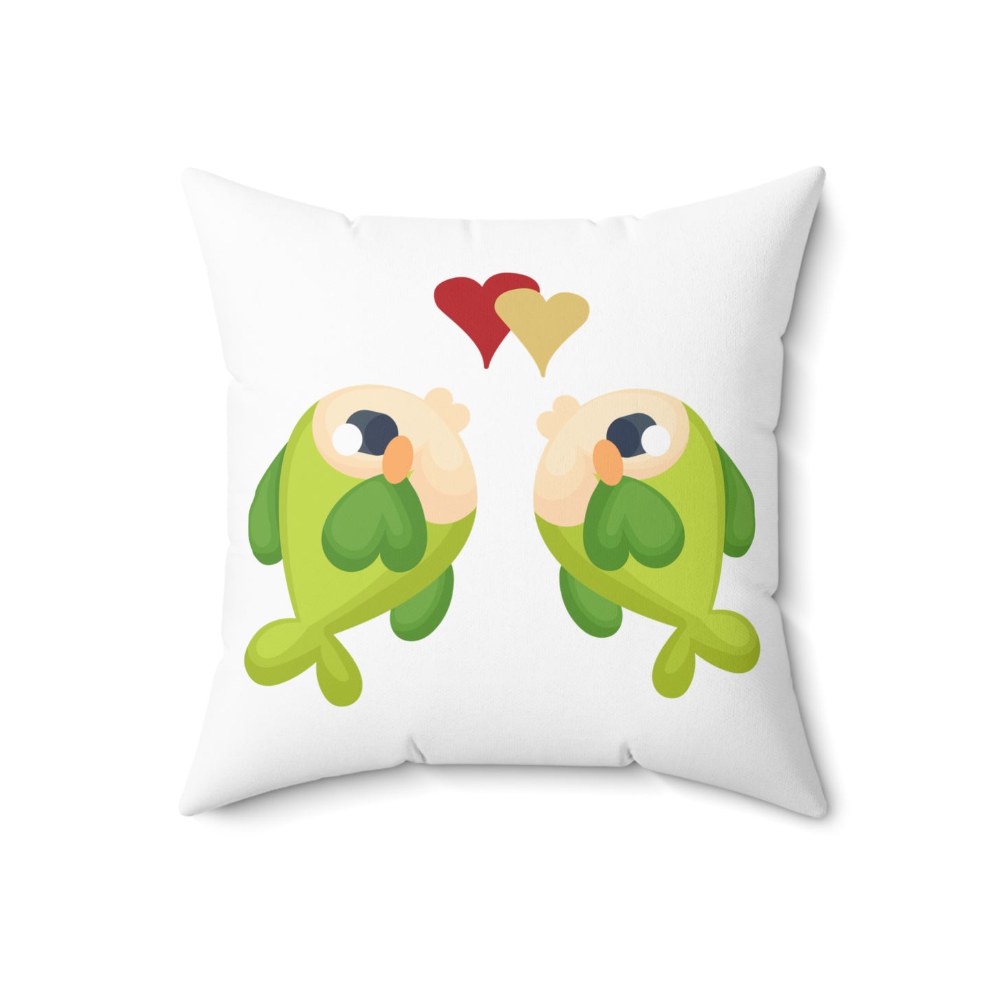 Two hearts float between the fish one red and one yellow Spun Polyester Square Pillow