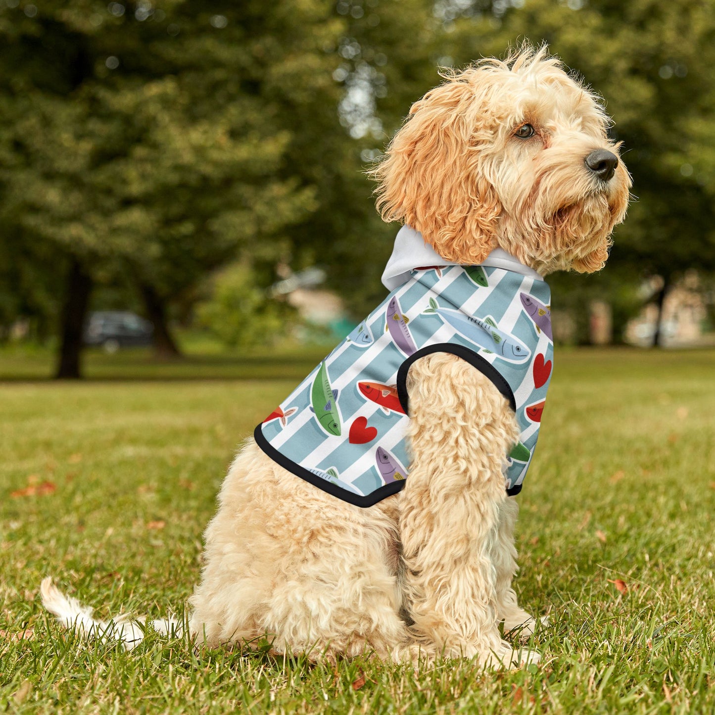 Pet Hoodie — Colorful Fish & Hearts Pattern Dog Hoodie