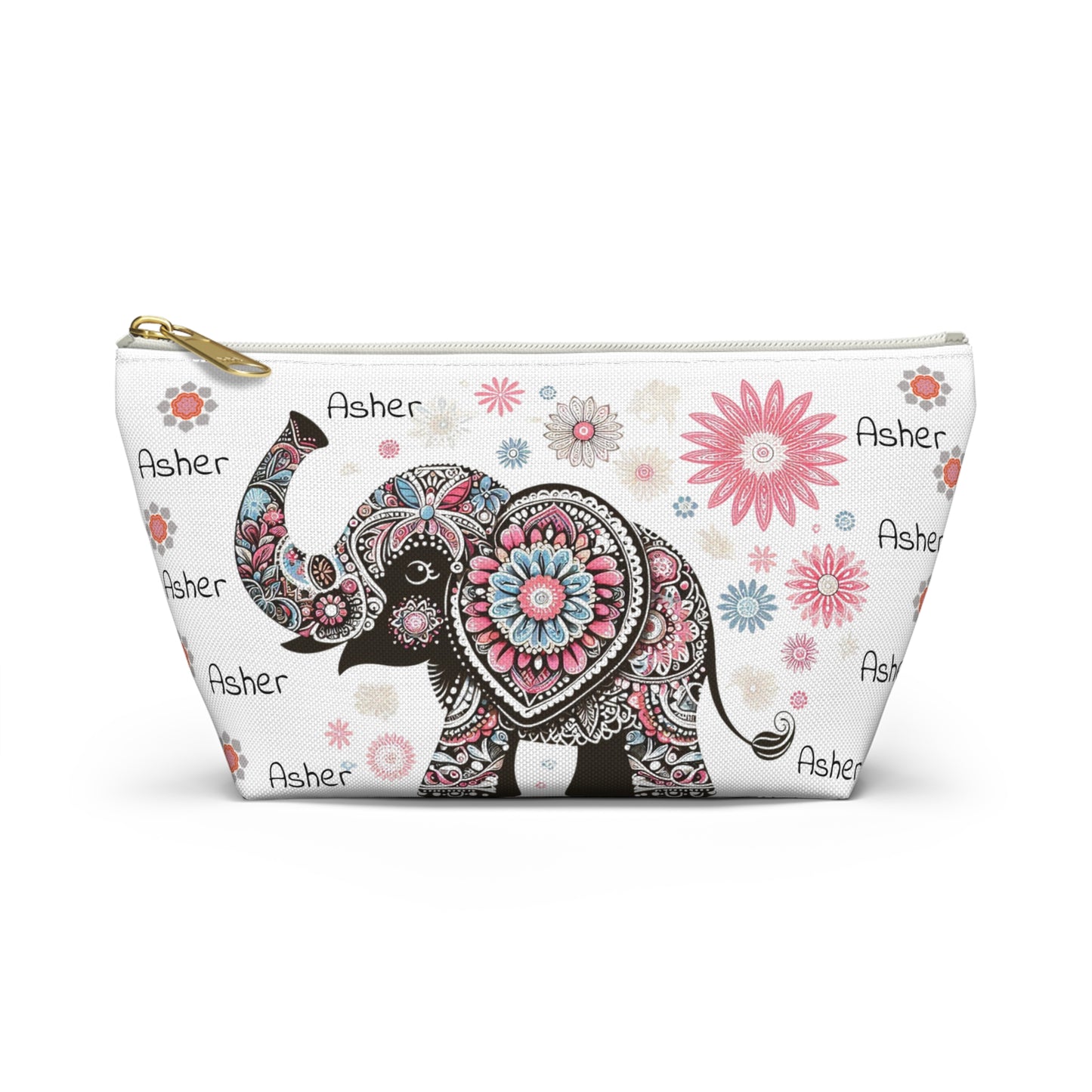 Personalized Elephant Accessory Pouch — Floral T-Bottom Makeup Bag