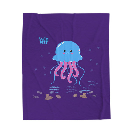 Blue jellyfish with pink tentacles Velveteen Plush Blanket