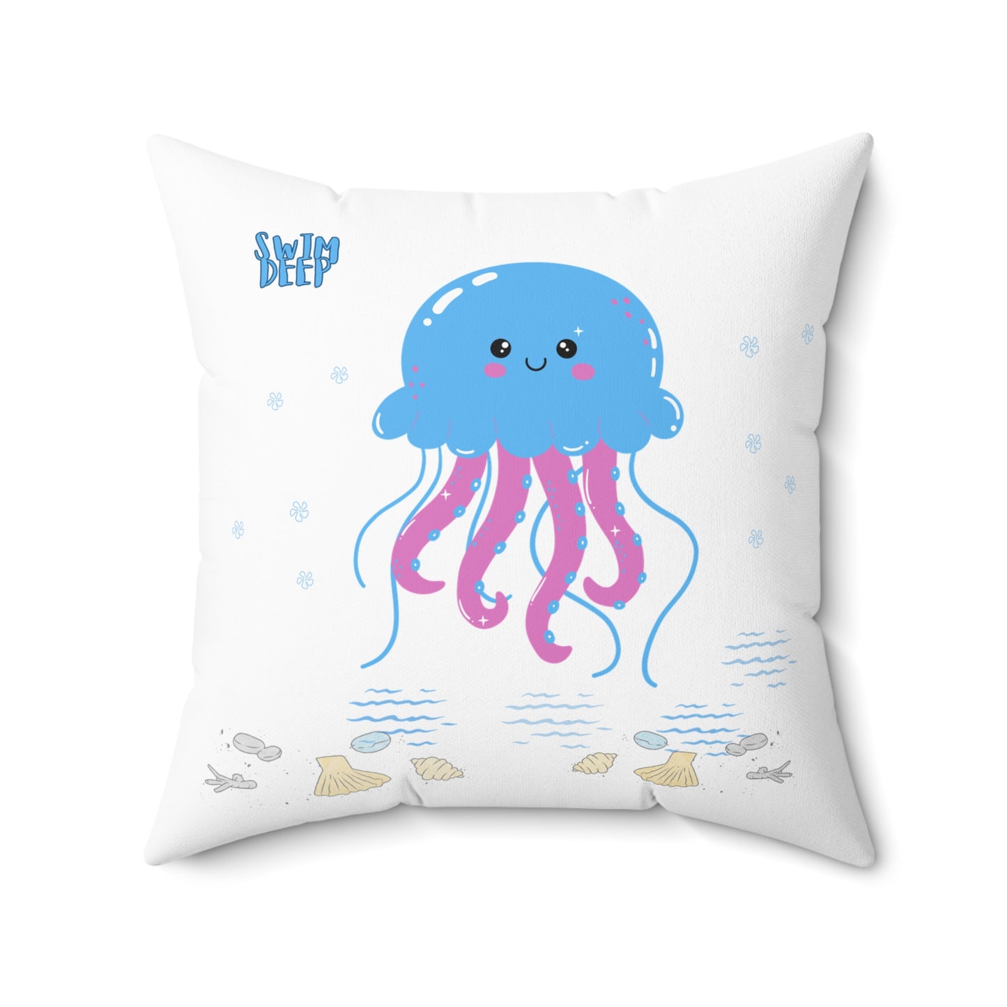 Blue jellyfish with pink tentacles Spun Polyester Square Pillow