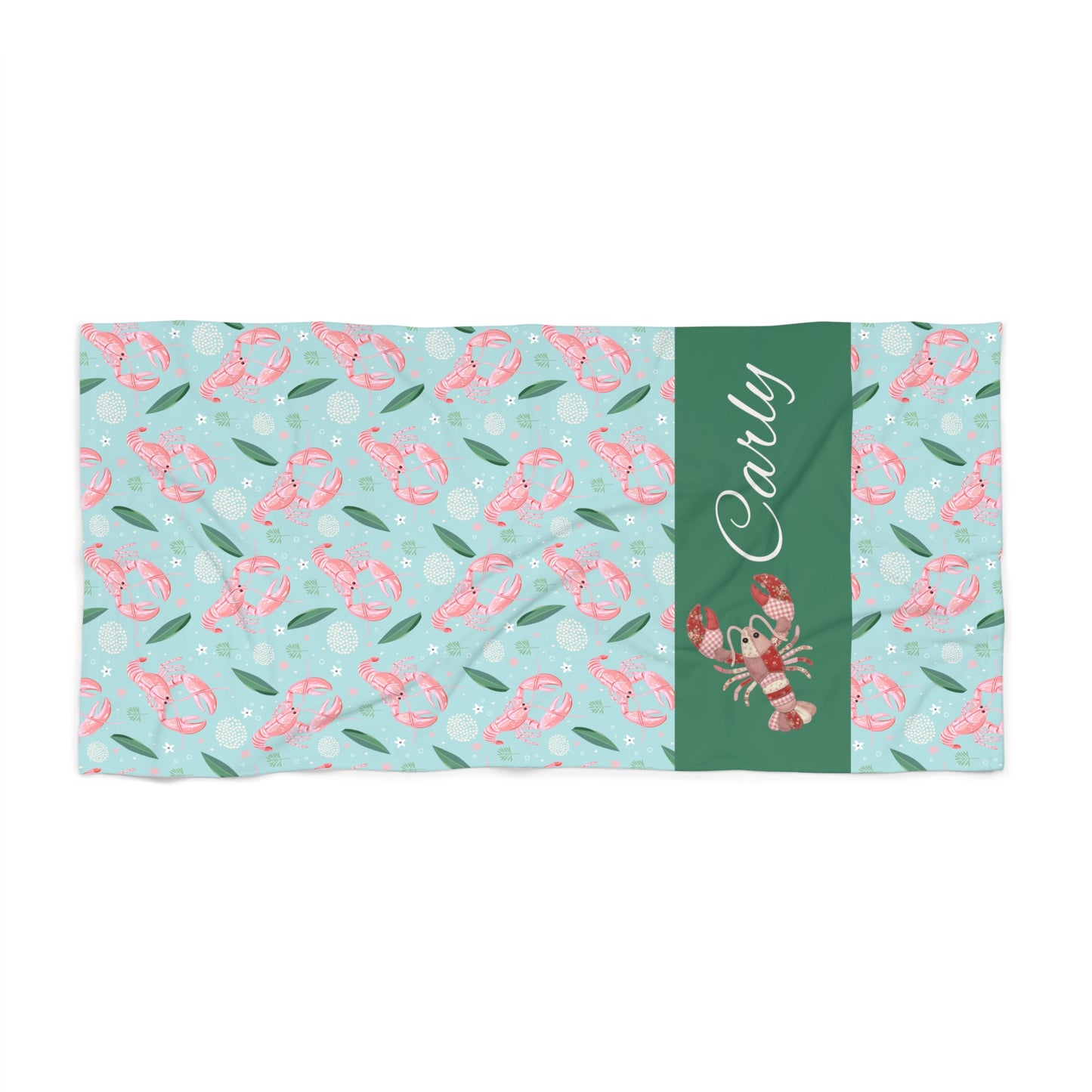 Personalized Flamingo Beach Towel - Custom Name Tropical Lobster Pattern
