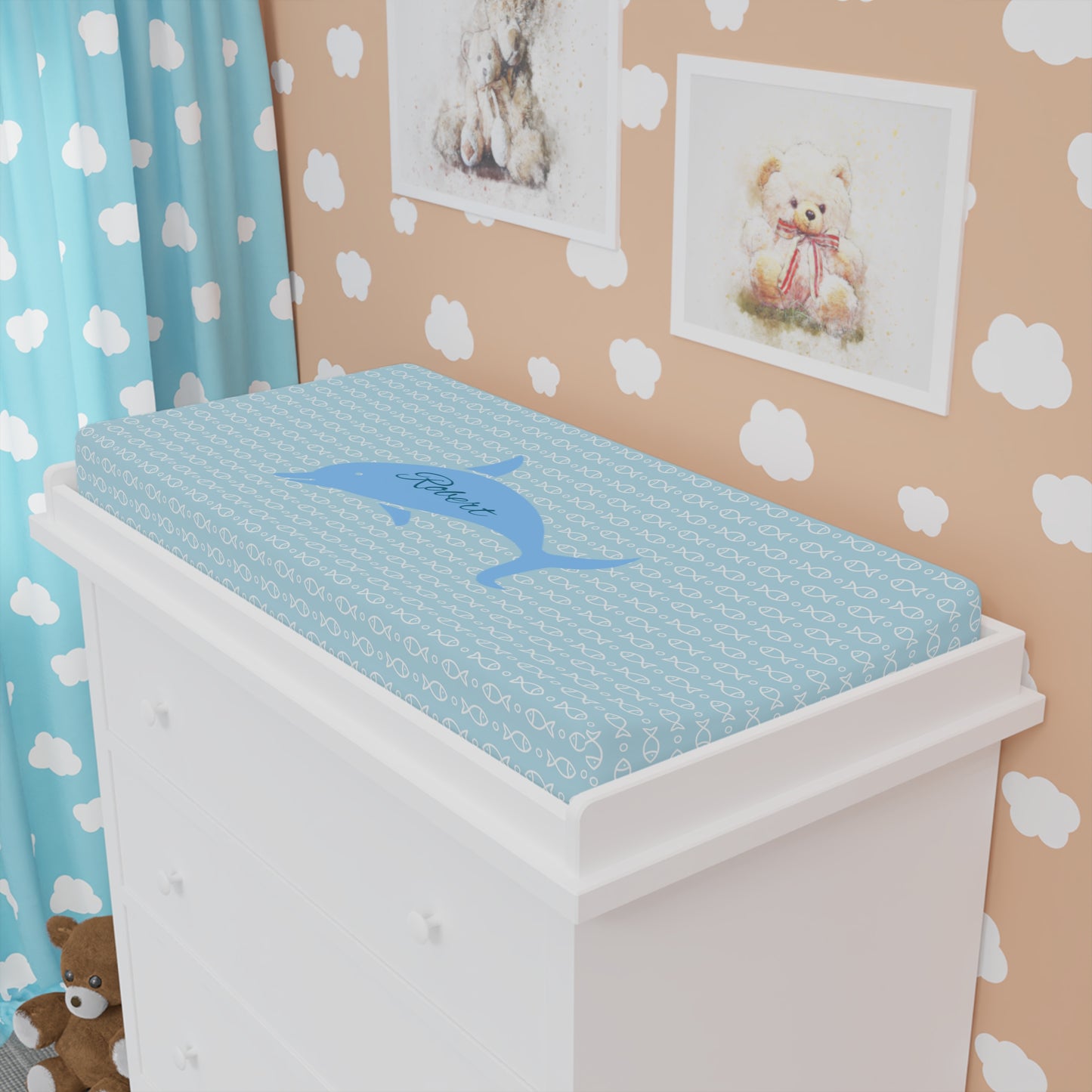 Blue Dolphin Baby Changing Pad Cover — Personalized Nautical Nursery