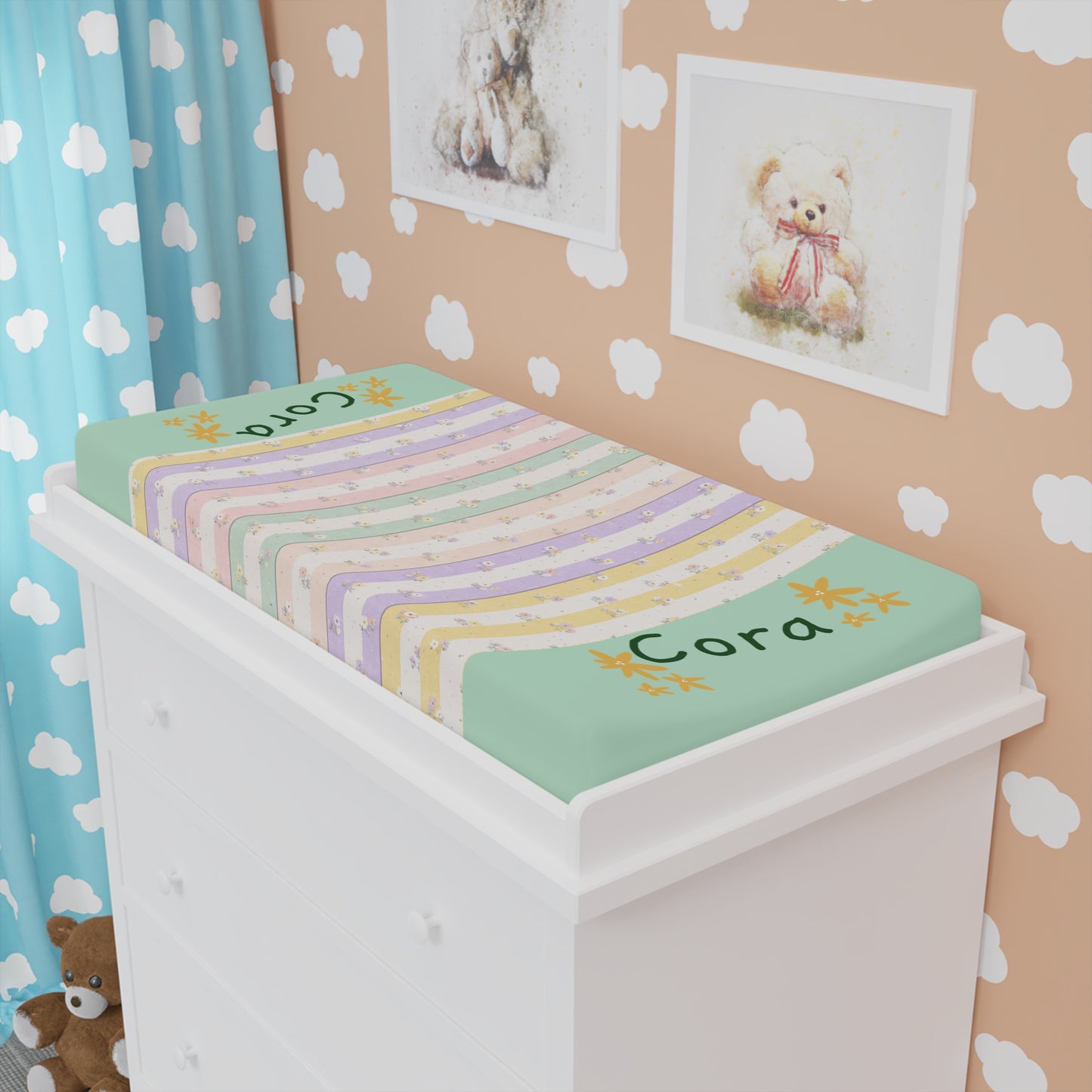Personalized Floral Name Baby Changing Pad Cover — Pastel Striped Nursery Protector