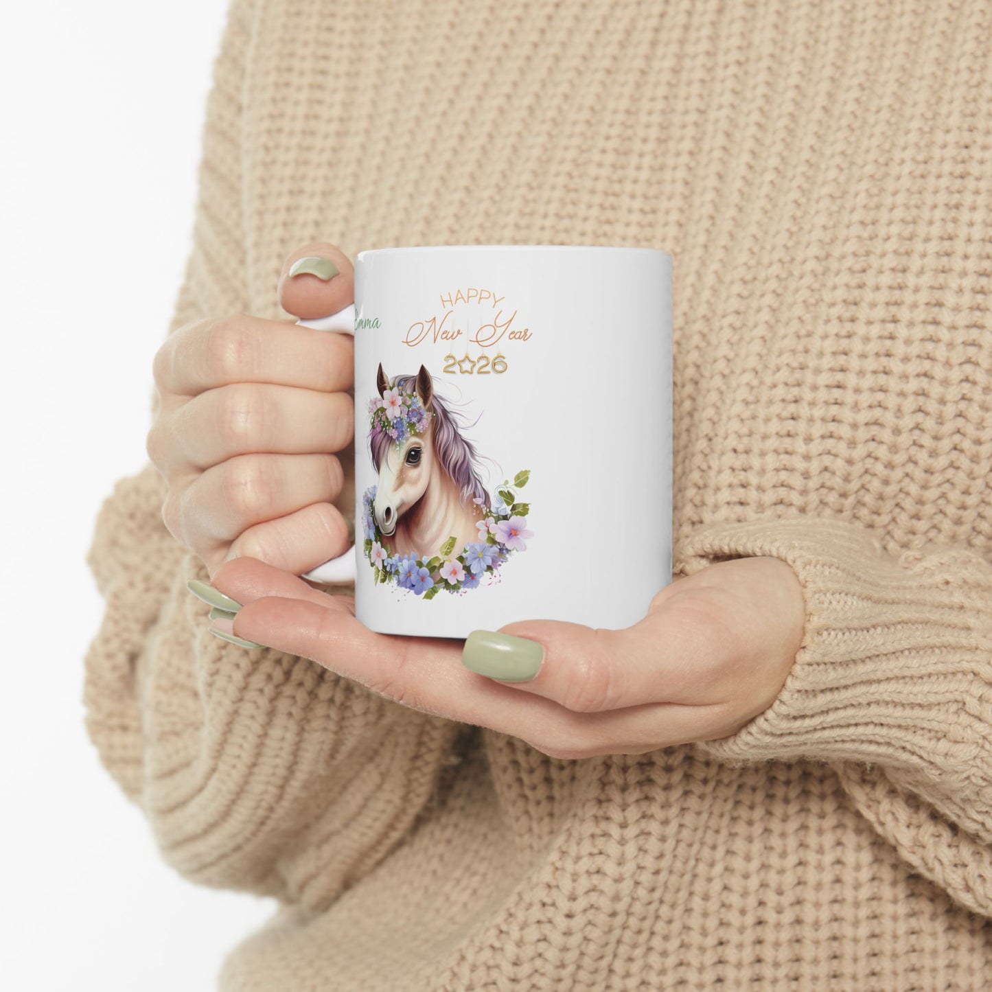 Floral Horse Ceramic Mug – Personalized "Emma" Coffee Cup (11oz & 15oz)