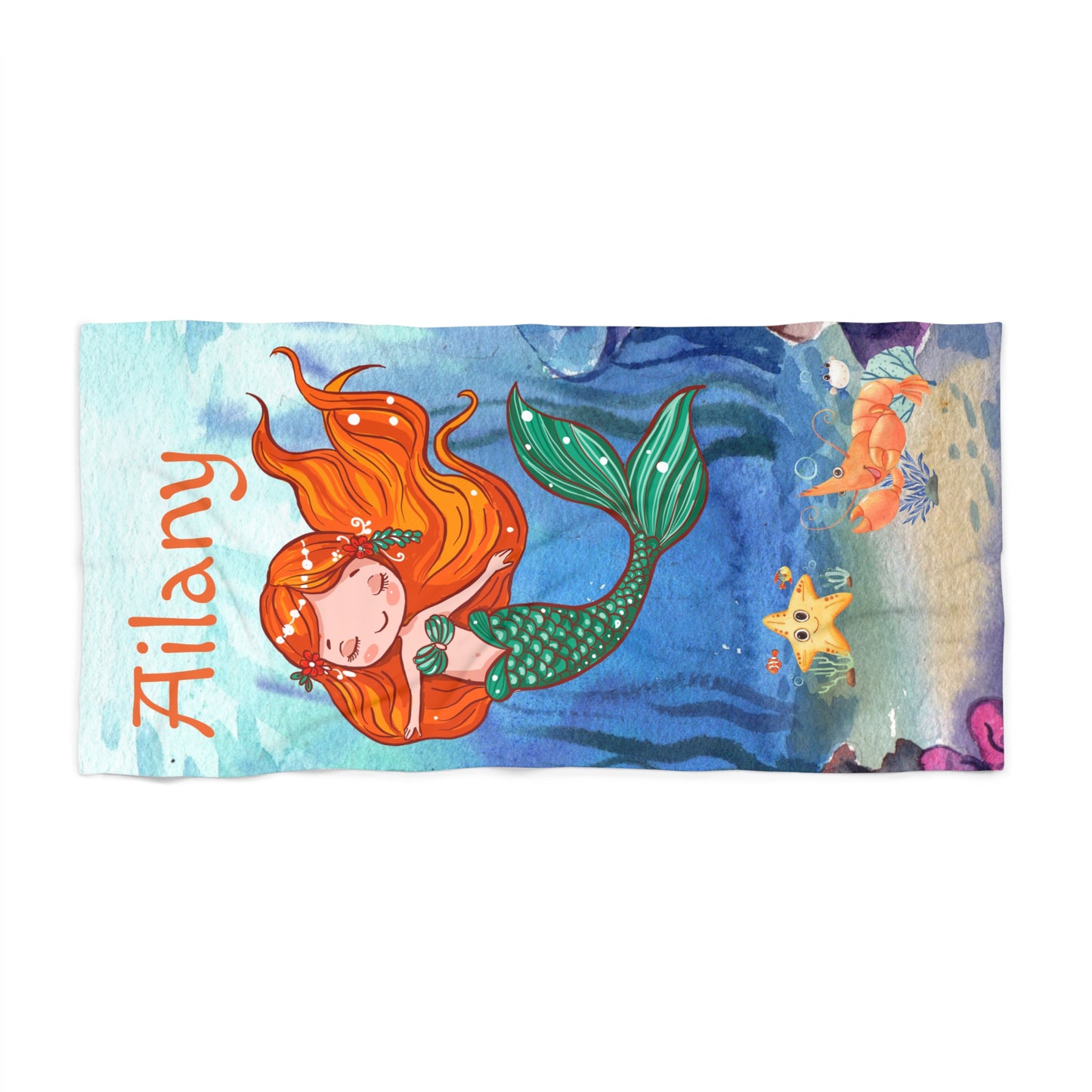 Personalized Mermaid Beach Towel – Custom Name Kids Towel, Cute Red‑Haired Mermaid Design