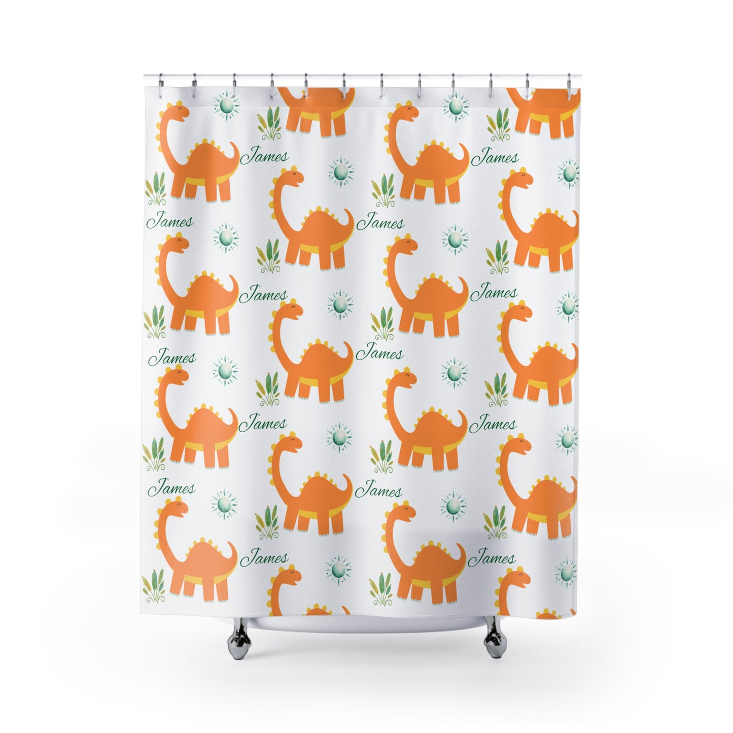 Personalized Orange Dinosaur Shower Curtain — Custom Name 'James' Kids Bathroom Decor