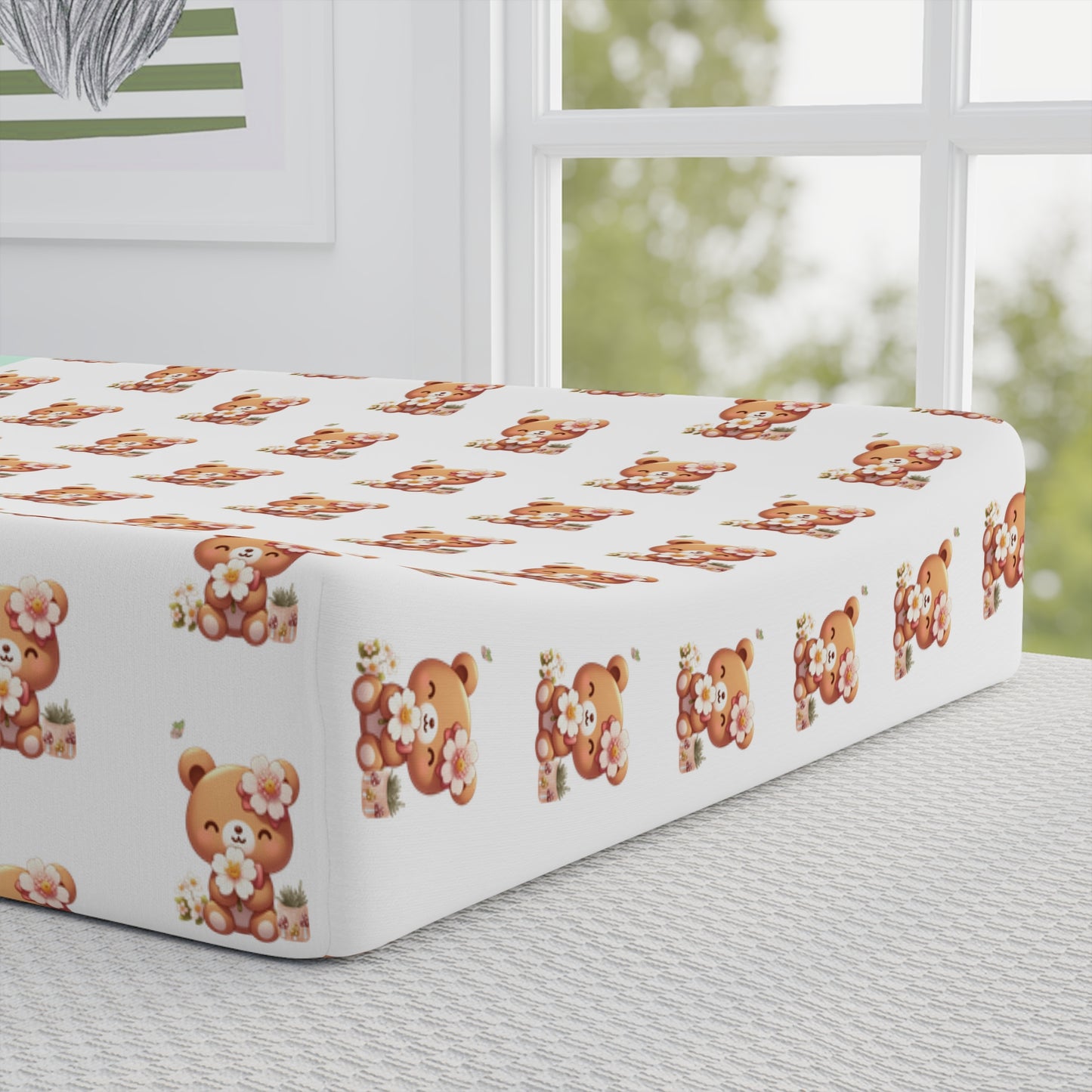 Changing Pad Cover - Cute Teddy Bear Floral Nursery (Custom Name Option)