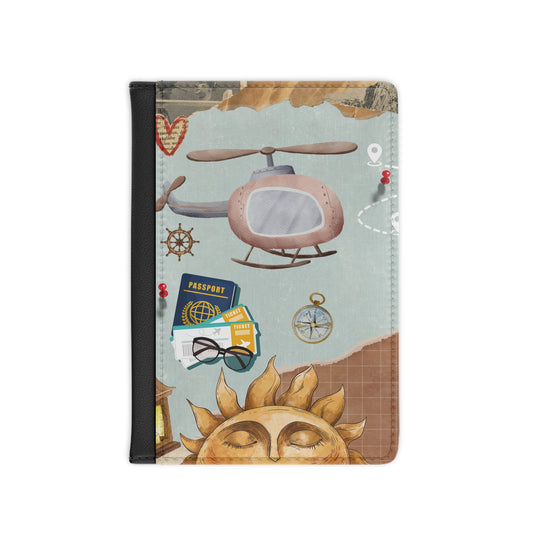 Travel Passport Cover — Whimsical Sun, Helicopter & Compass Design